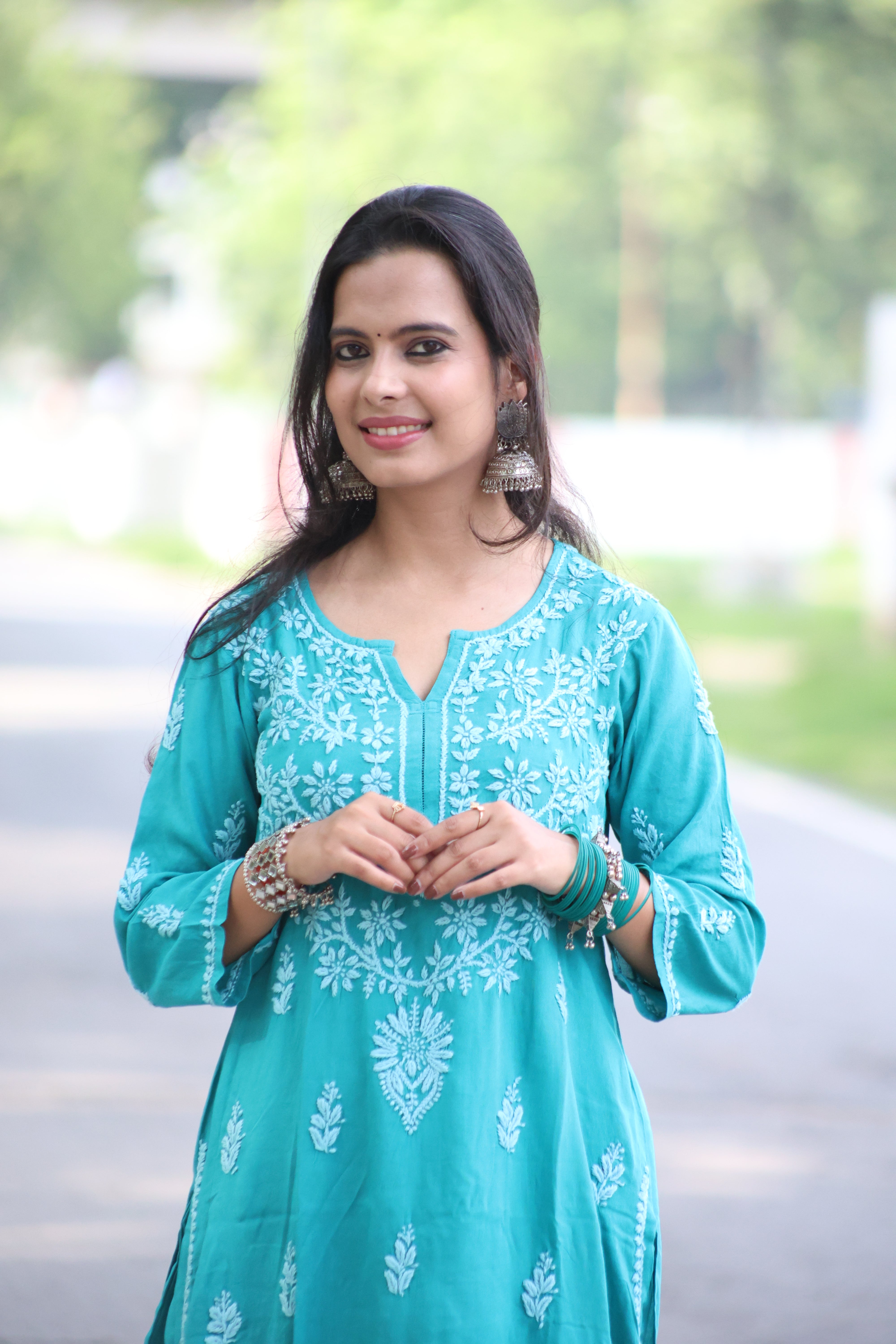 Jade Green Rayon Hand-Embroidered Lucknowi Chikankari Kurta Set with Palazzo