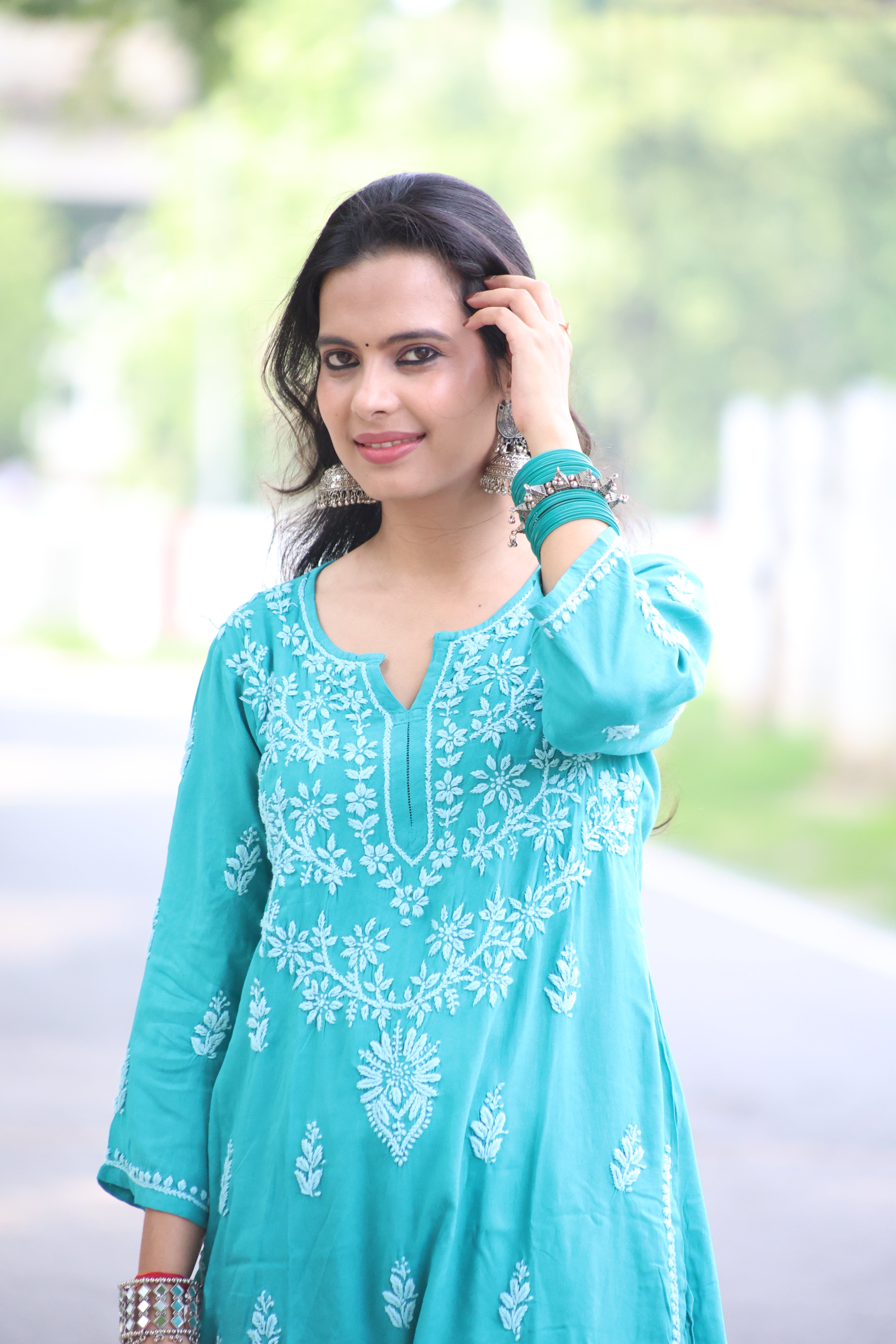 Jade Green Rayon Hand-Embroidered Lucknowi Chikankari Kurta Set with Palazzo