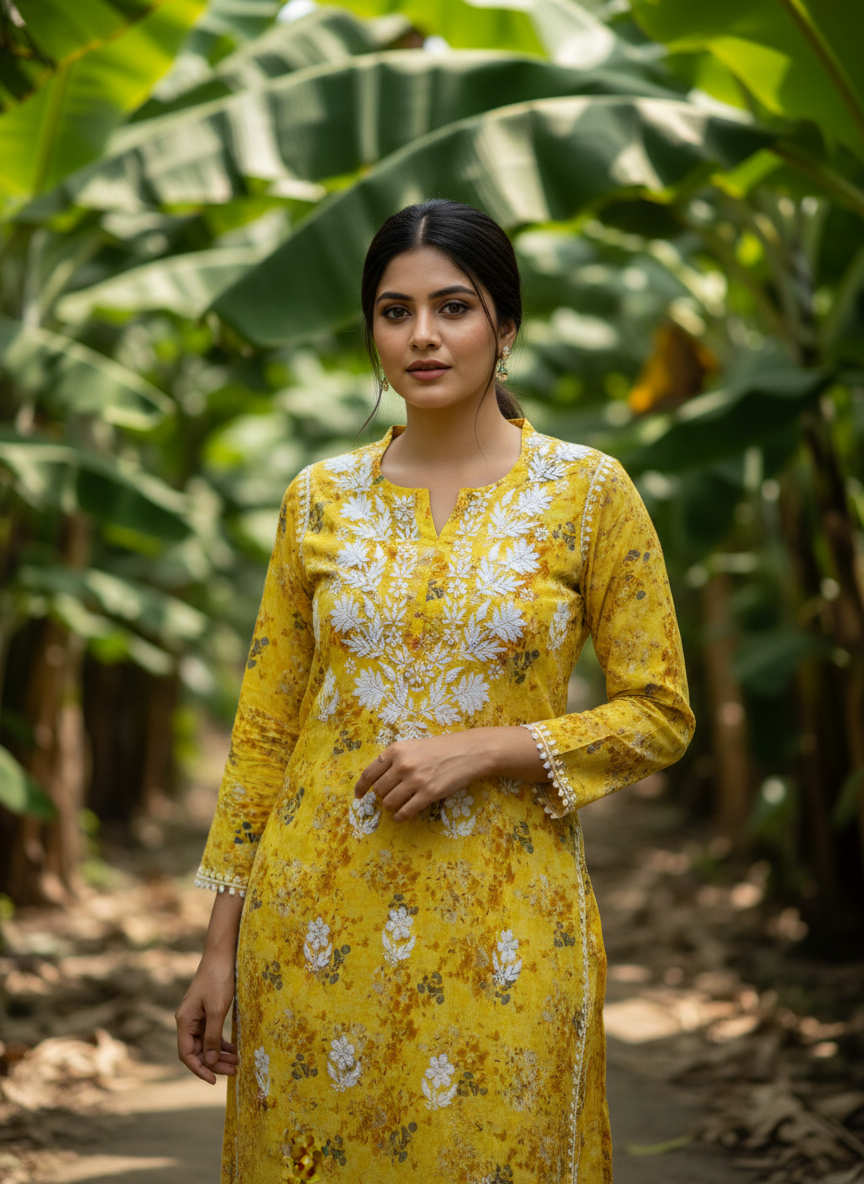 NETRA PRINTED CHIKANKARI SET YELLOW