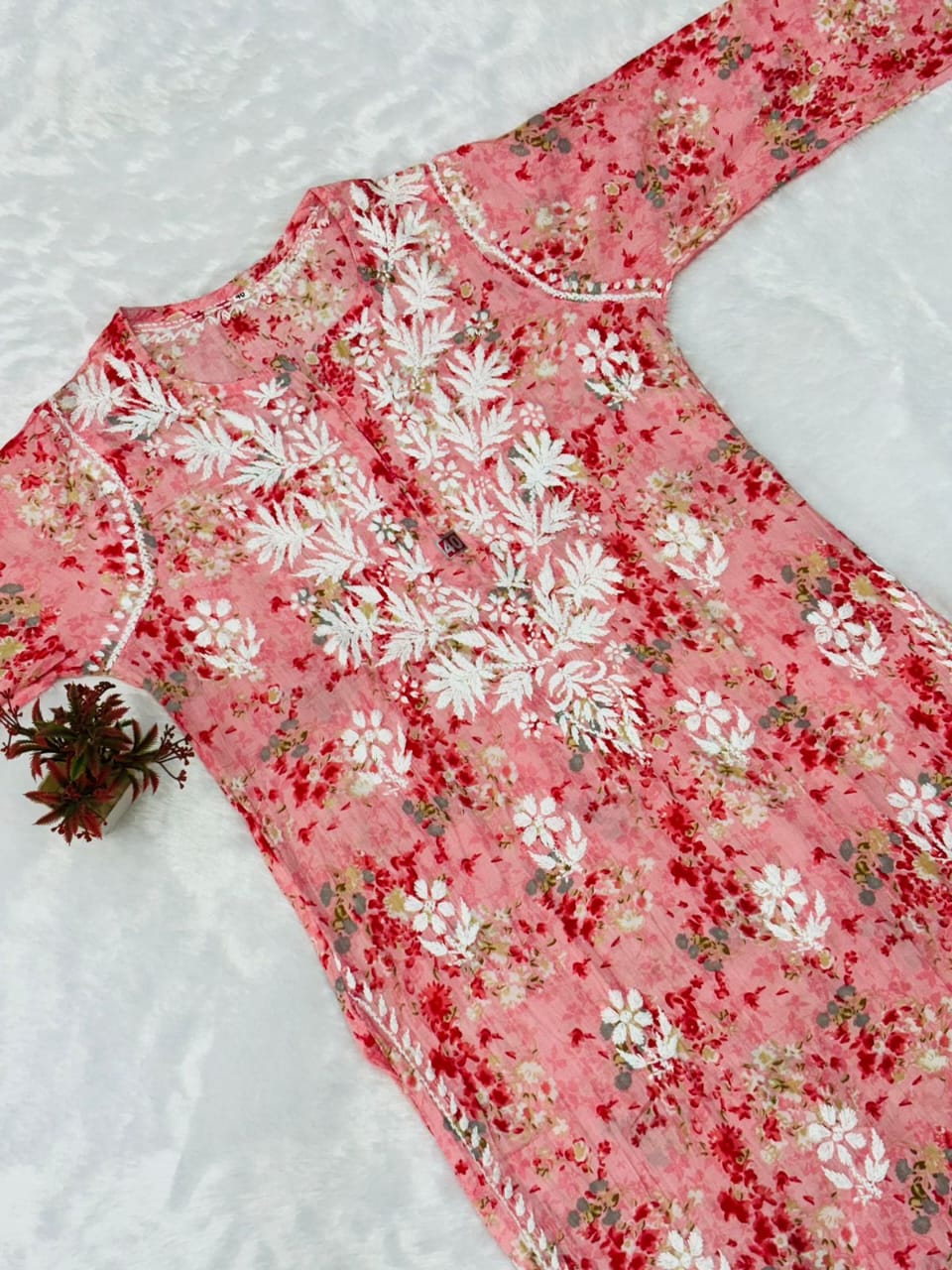 NETRA PRINTED CHIKANKARI SET CARROT RED