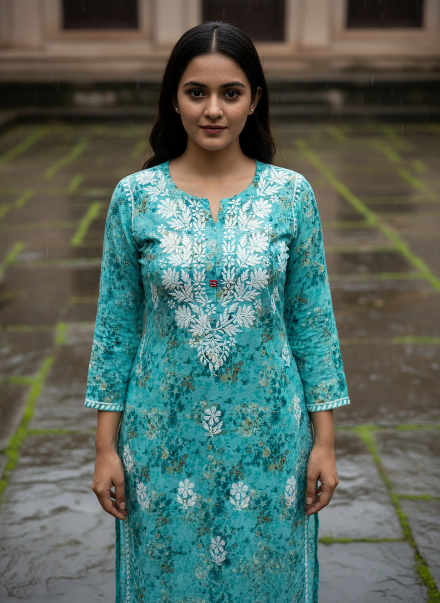 NETRA PRINTED AQUA GREEN SET