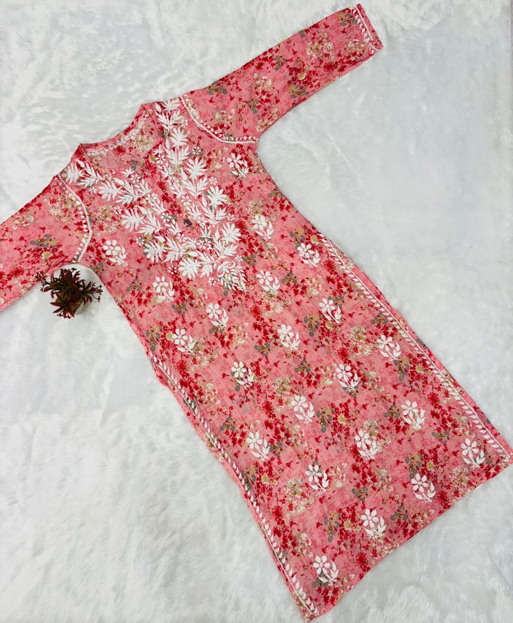 NETRA PRINTED CHIKANKARI SET CARROT RED