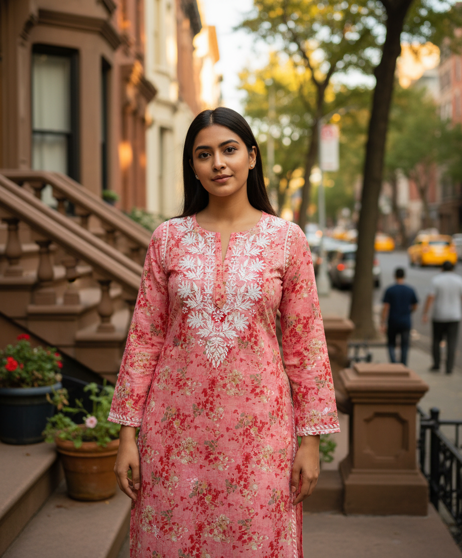 NETRA PRINTED CHIKANKARI SET CARROT RED