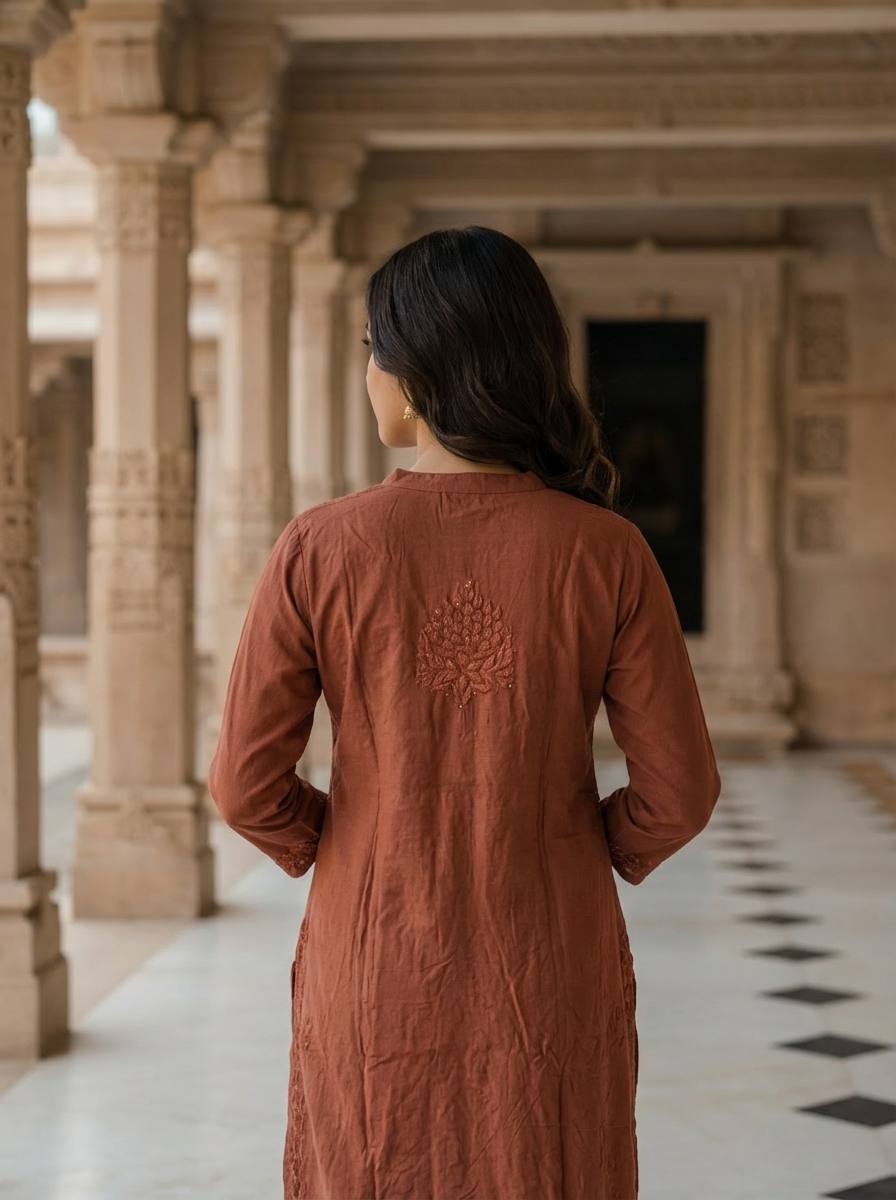 INAYA 3D WORK MUKESH SILK KURTI BROWN