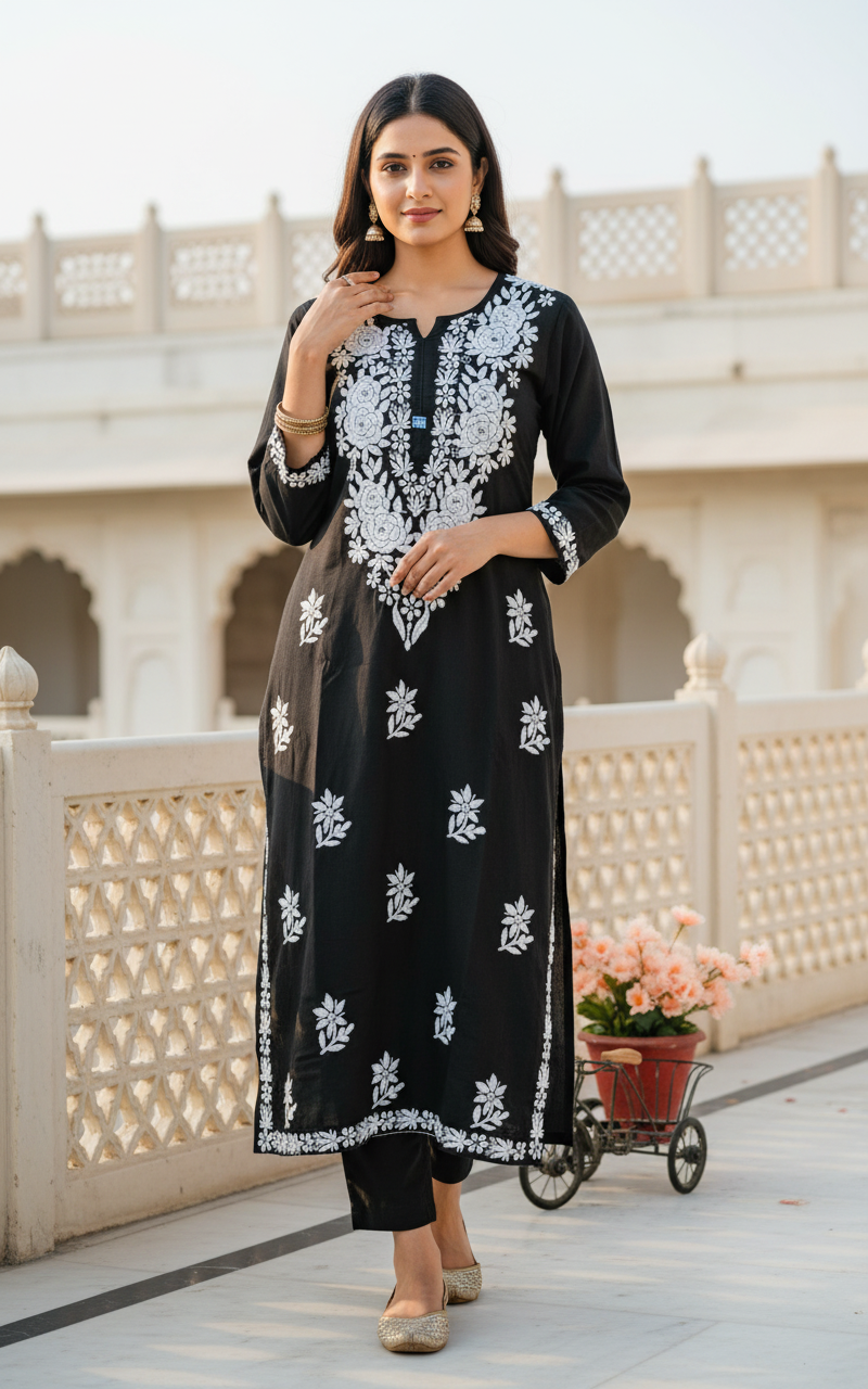 AVNEET KAUR BLACK KURTI REYON CHIKANKARI