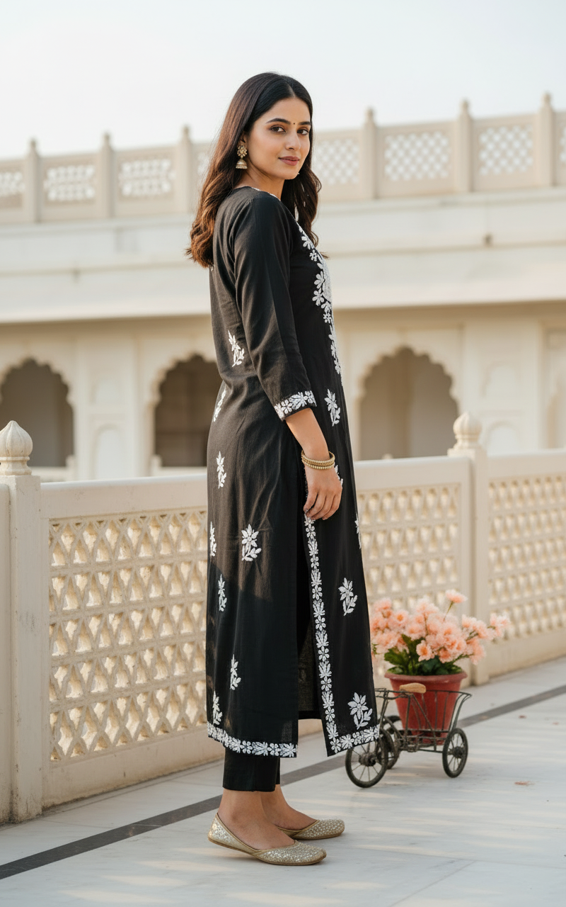 AVNEET KAUR BLACK KURTI REYON CHIKANKARI