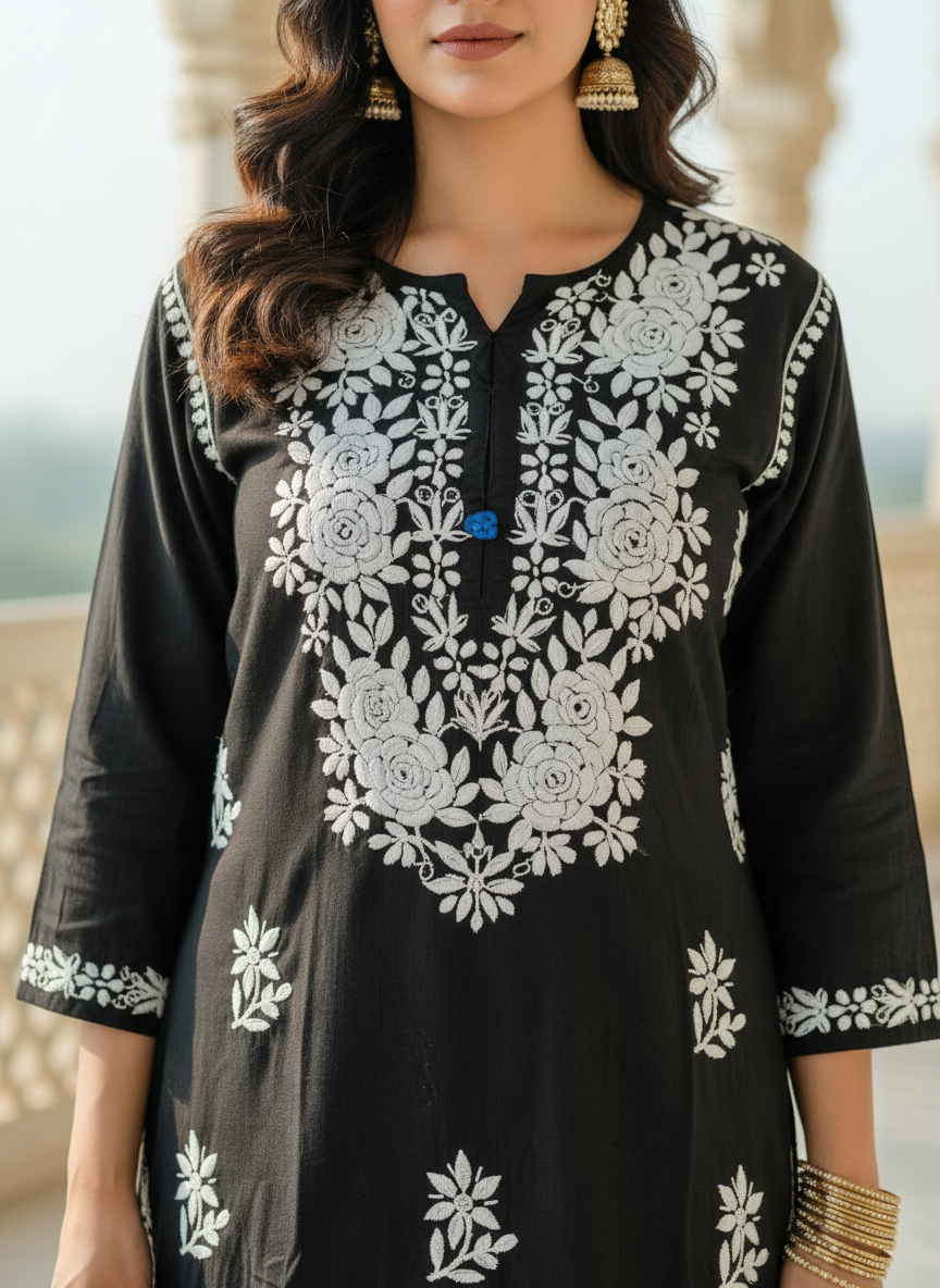 AVNEET KAUR BLACK KURTI REYON CHIKANKARI