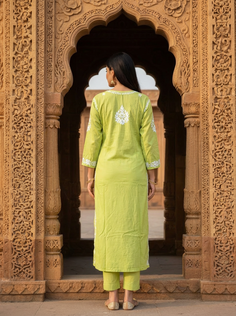 ANAYA NEON GREEN MODAL CHIKANKARI KURTI