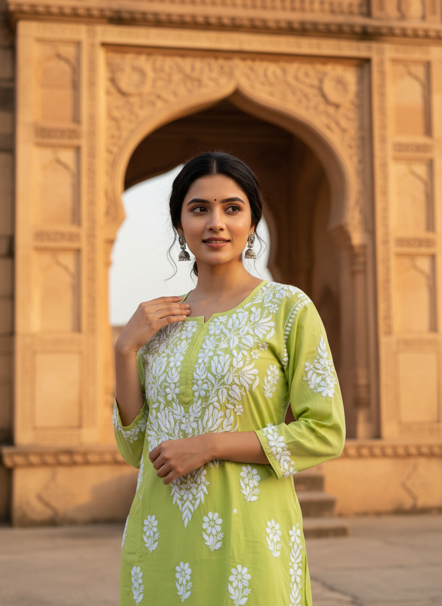 ANAYA NEON GREEN MODAL CHIKANKARI KURTI