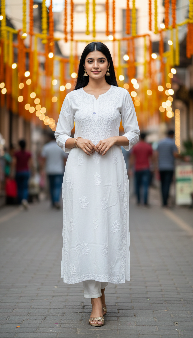 ANAYA WHITE REYON CHIKANKARI KURTI