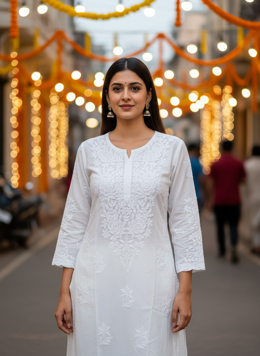 ANAYA WHITE REYON CHIKANKARI KURTI