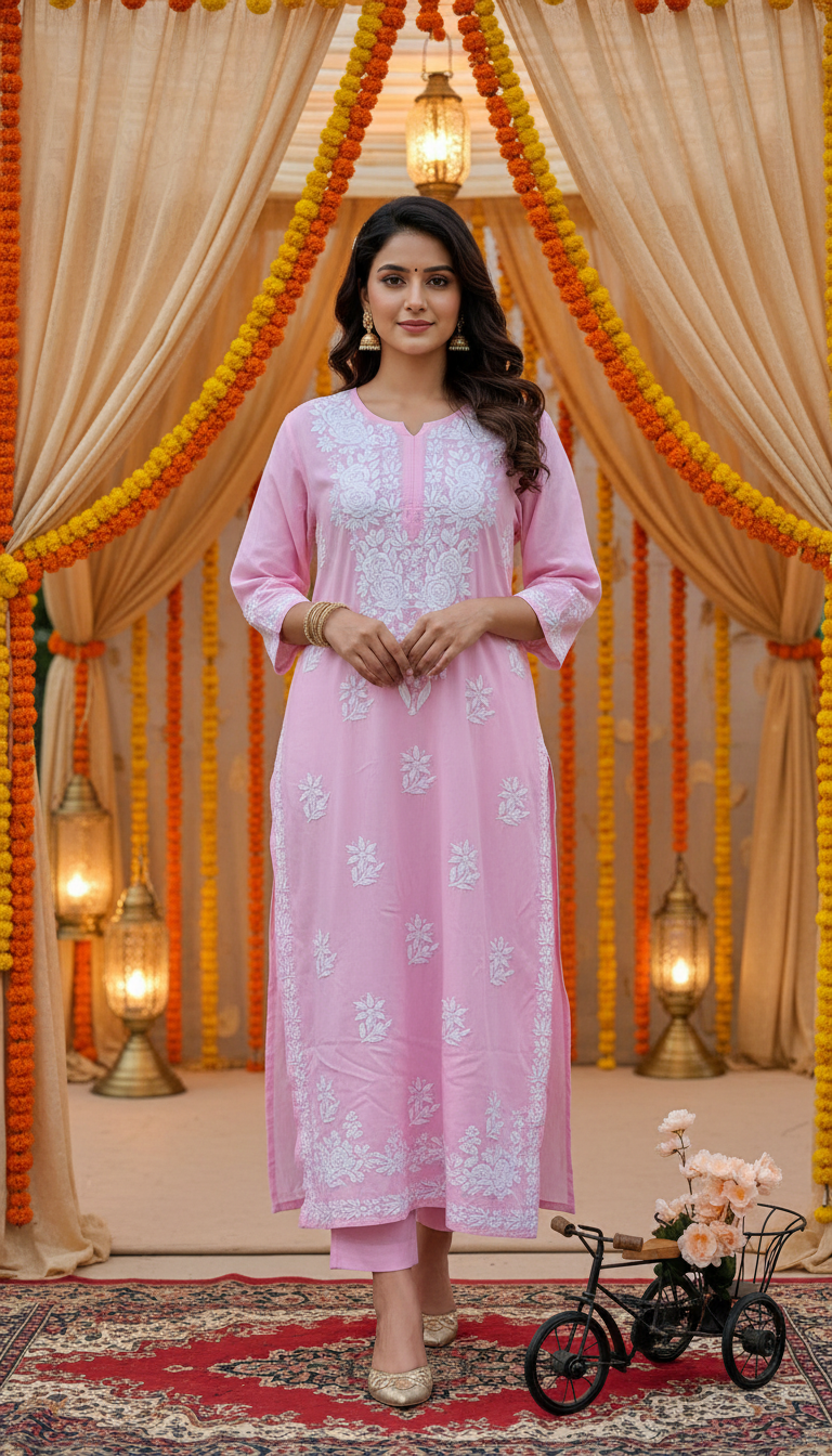 ANAYA PINK REYON CHIKANKARI KURTI