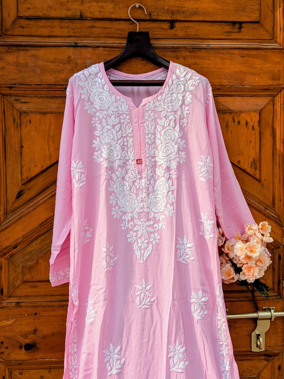 ANAYA PINK REYON CHIKANKARI KURTI