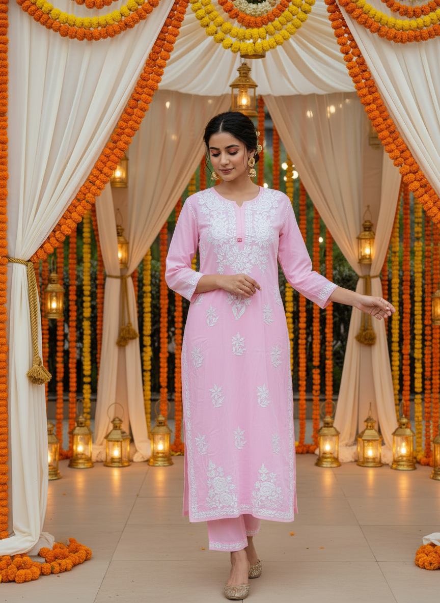ANAYA PINK REYON CHIKANKARI KURTI