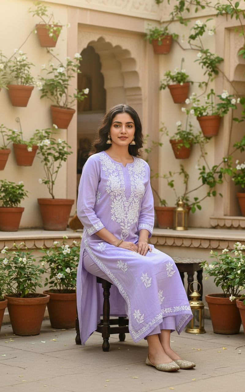 ANAYA LAVENDOR REYON CHIKANKARI KURTI