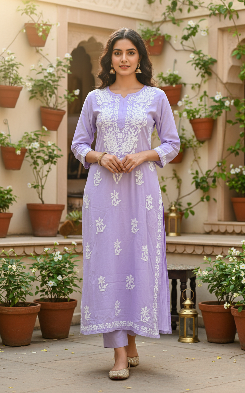 ANAYA LAVENDOR REYON CHIKANKARI KURTI