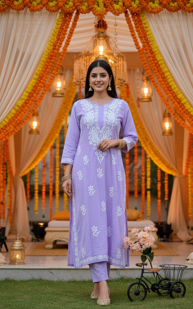 ANAYA LAVENDOR REYON CHIKANKARI KURTI