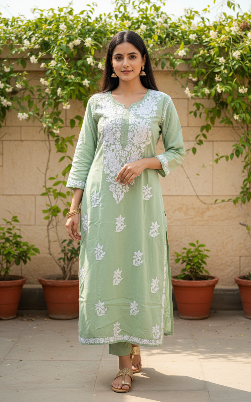 ANAYA GREEN REYON CHIKANKARI KURTI