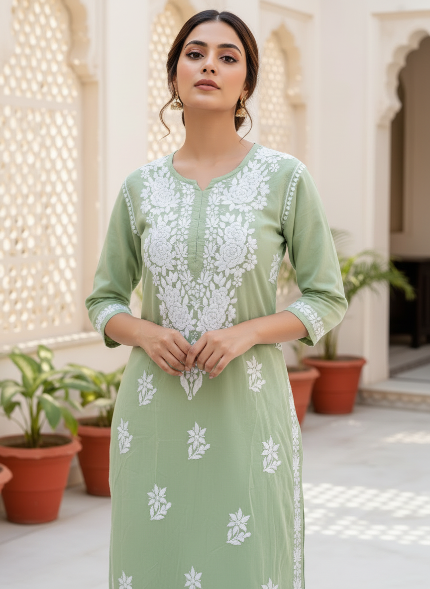 ANAYA GREEN REYON CHIKANKARI KURTI