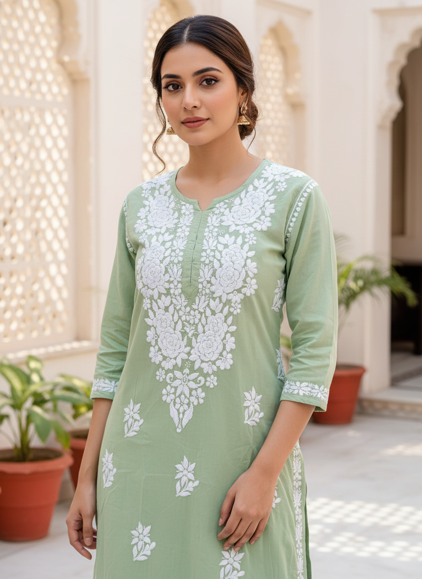 ANAYA GREEN REYON CHIKANKARI KURTI