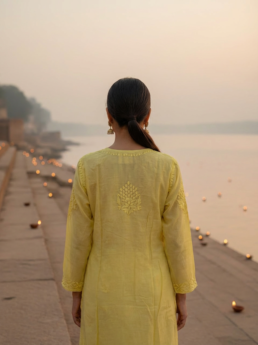 INAYA 3D WORK MUKESH SILK KURTI YELLOW