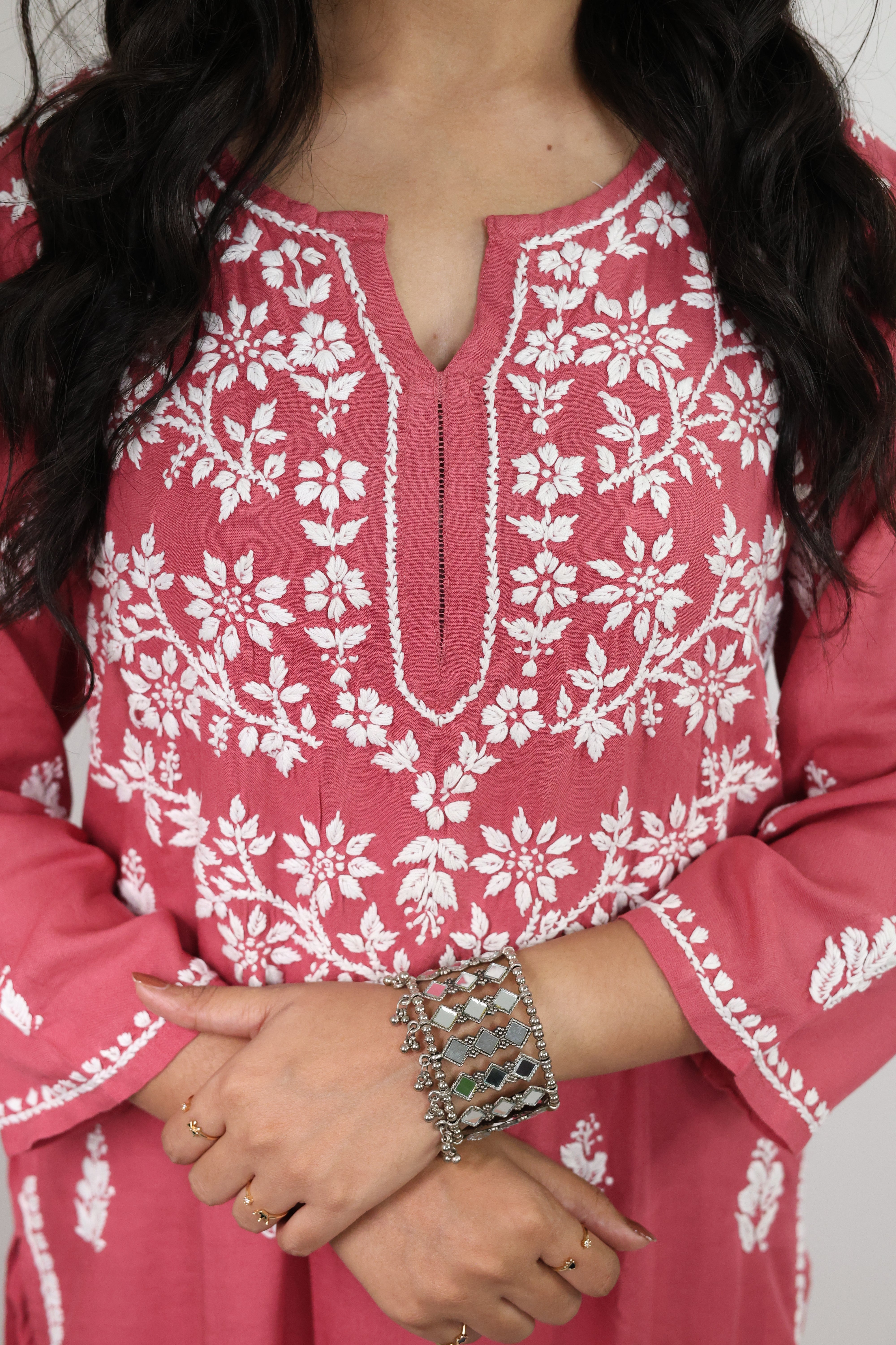 Pink Rayon Hand-Embroidered Lucknowi Chikankari Kurta Set with Palazzo