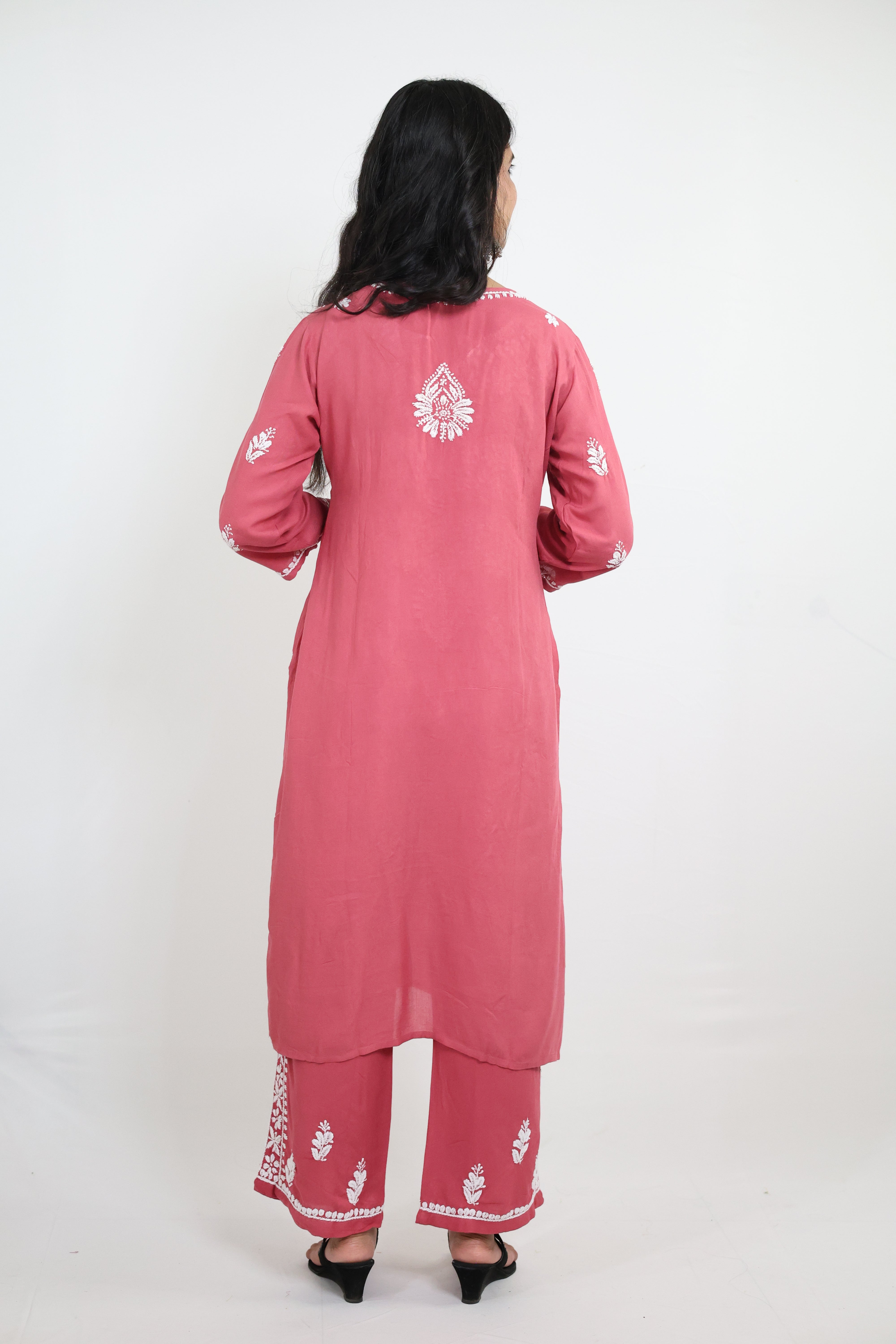 Pink Rayon Hand-Embroidered Lucknowi Chikankari Kurta Set with Palazzo