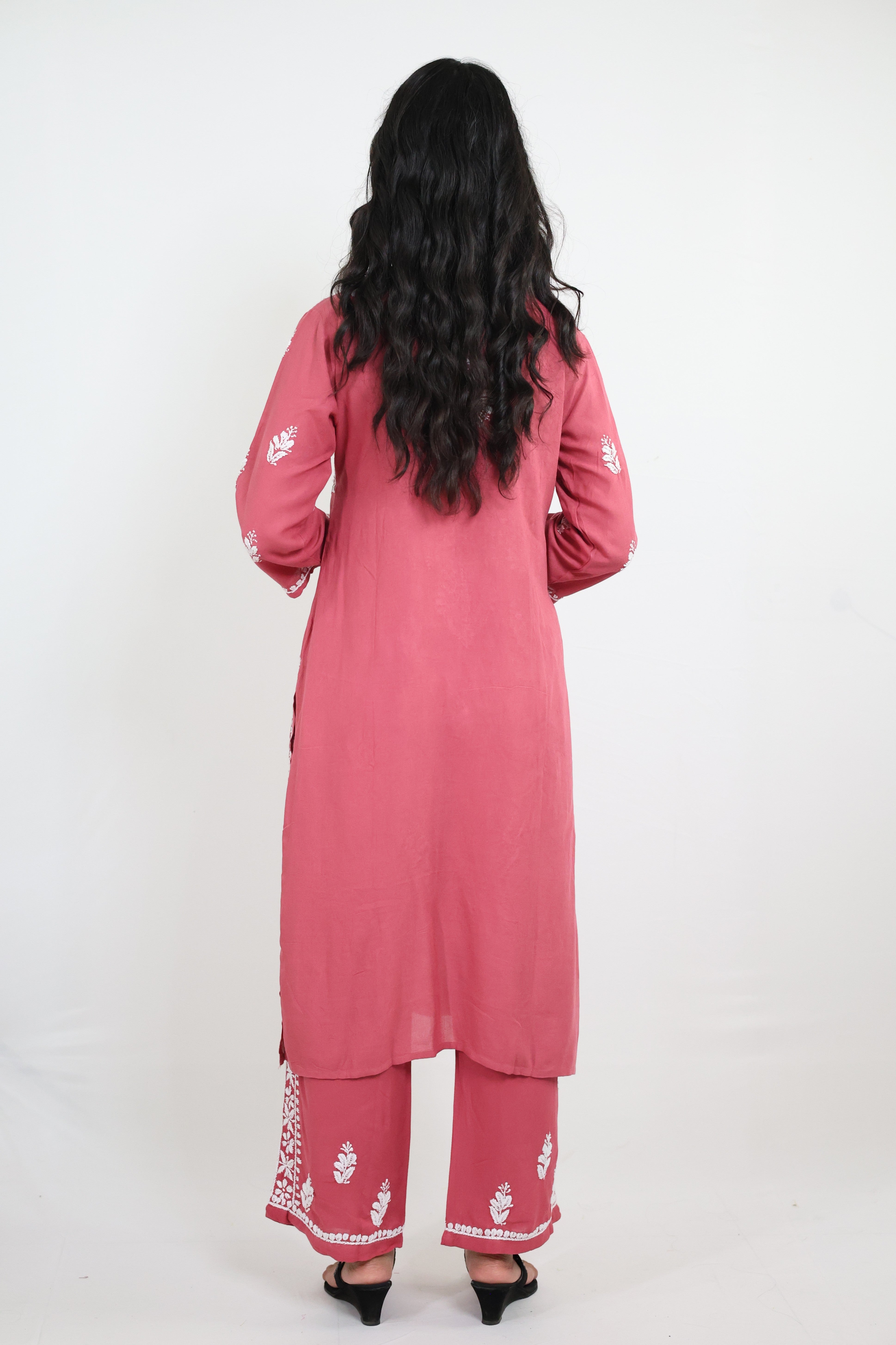Pink Rayon Hand-Embroidered Lucknowi Chikankari Kurta Set with Palazzo