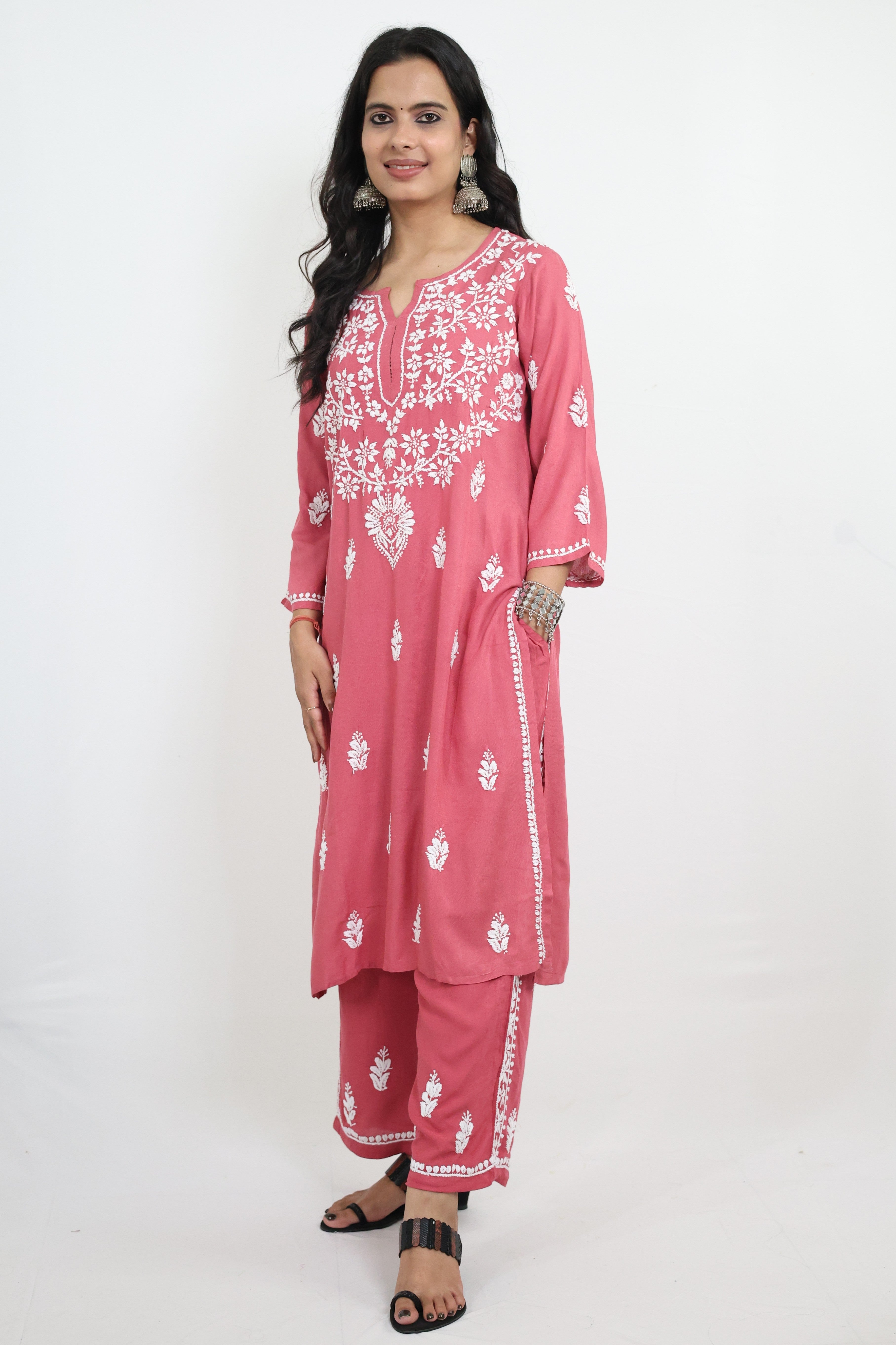 Pink Rayon Hand-Embroidered Lucknowi Chikankari Kurta Set with Palazzo