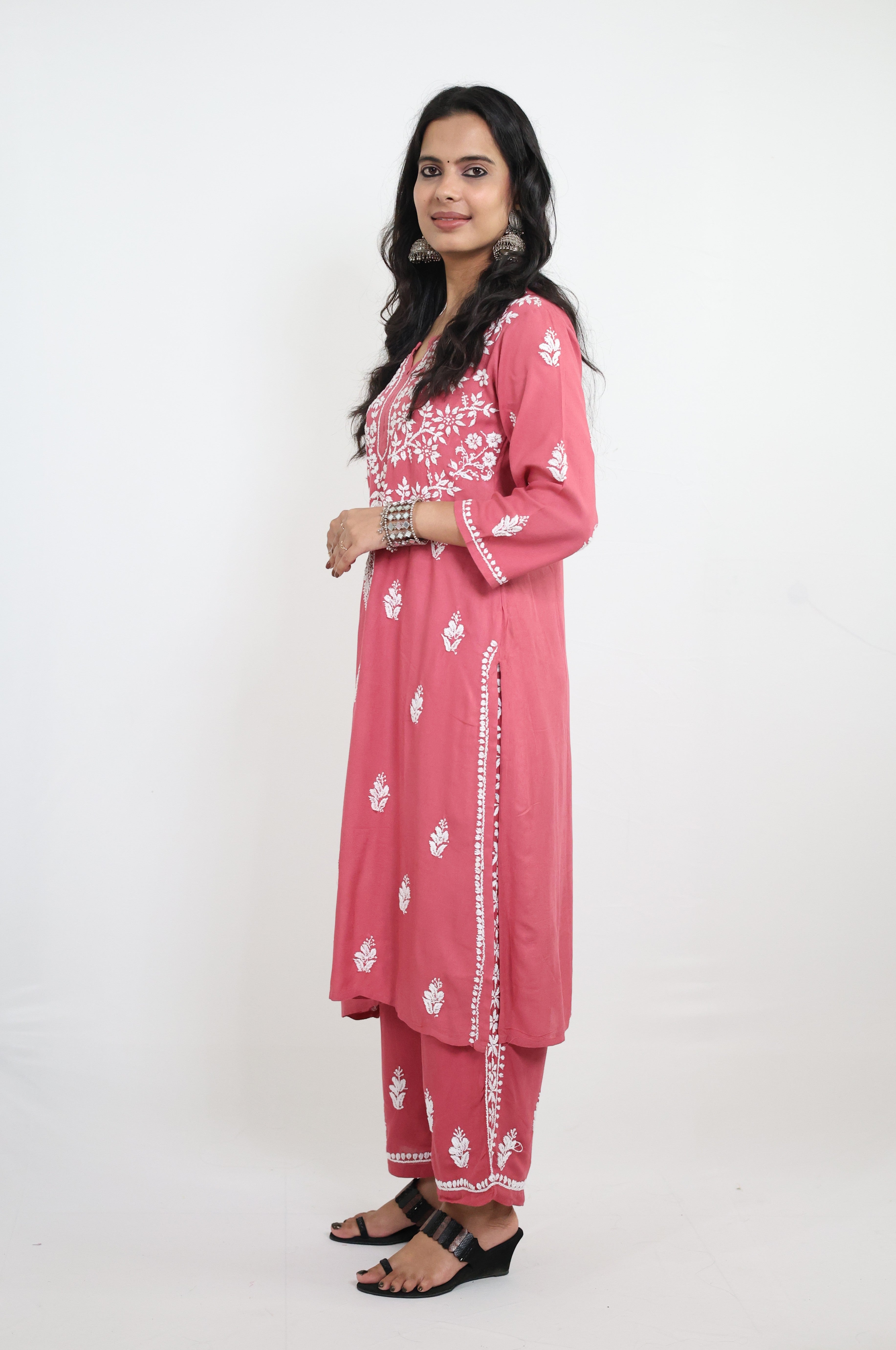 Pink Rayon Hand-Embroidered Lucknowi Chikankari Kurta Set with Palazzo