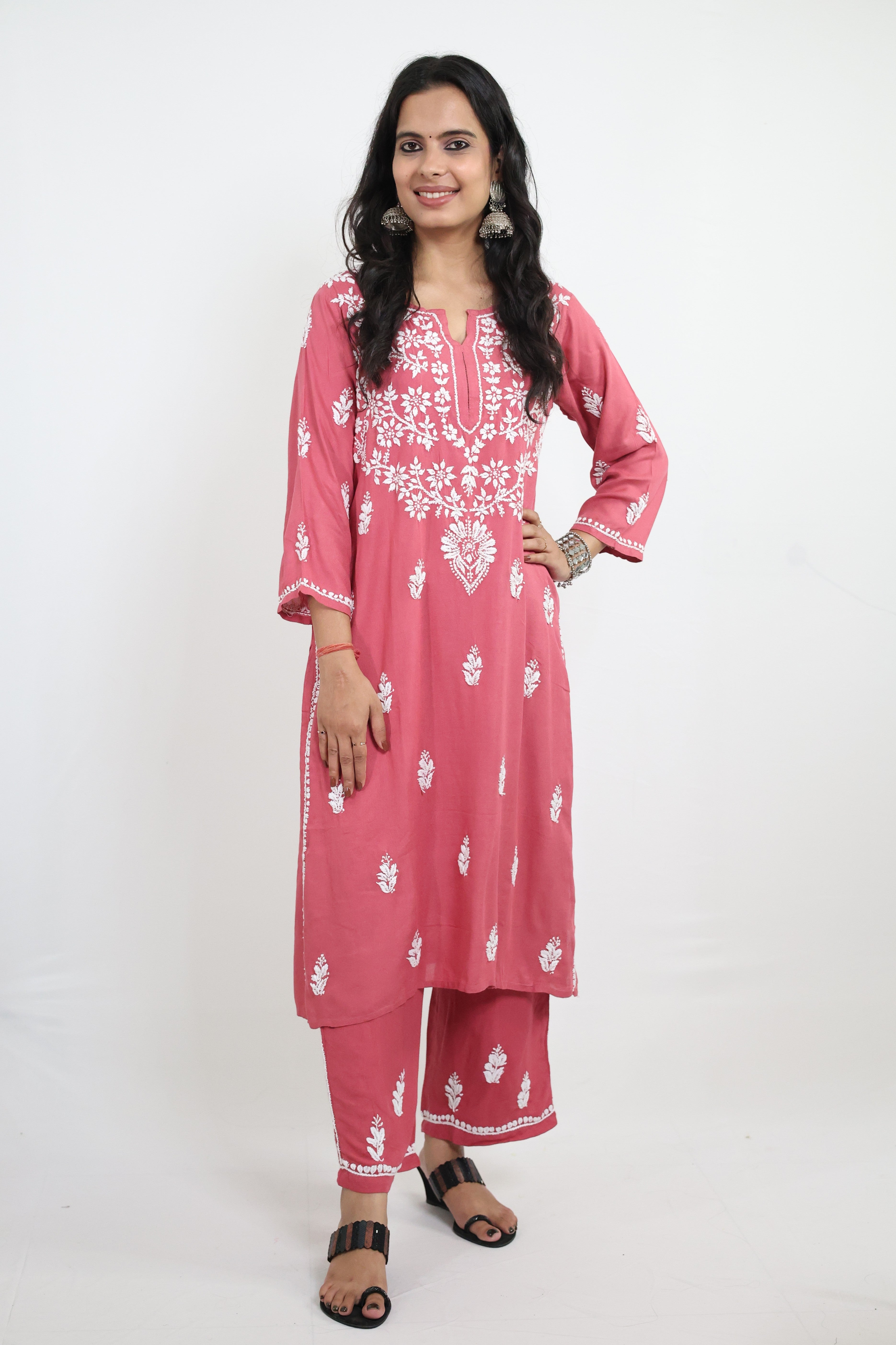 Pink Rayon Hand-Embroidered Lucknowi Chikankari Kurta Set with Palazzo