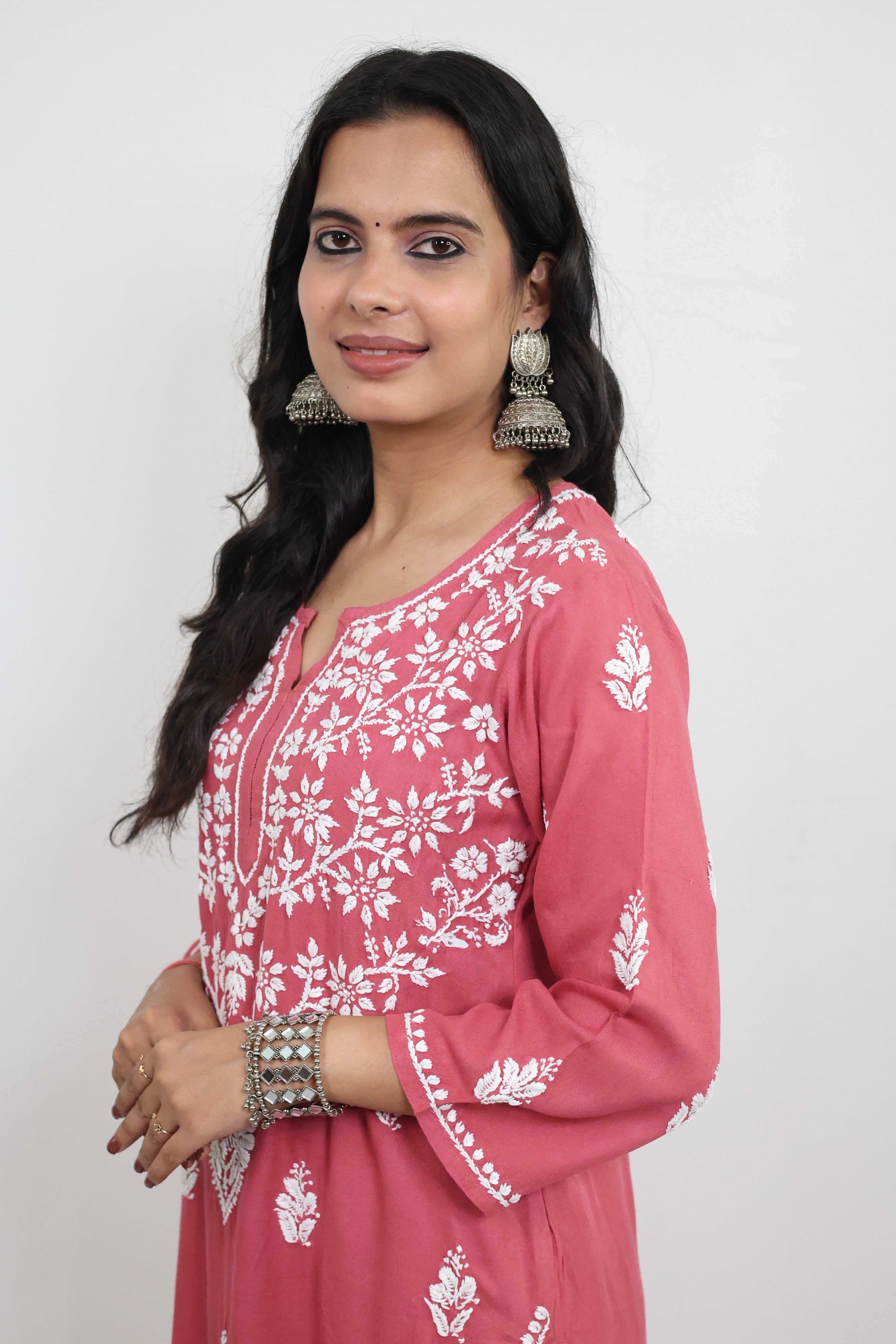 Pink Rayon Hand-Embroidered Lucknowi Chikankari Kurta Set with Palazzo