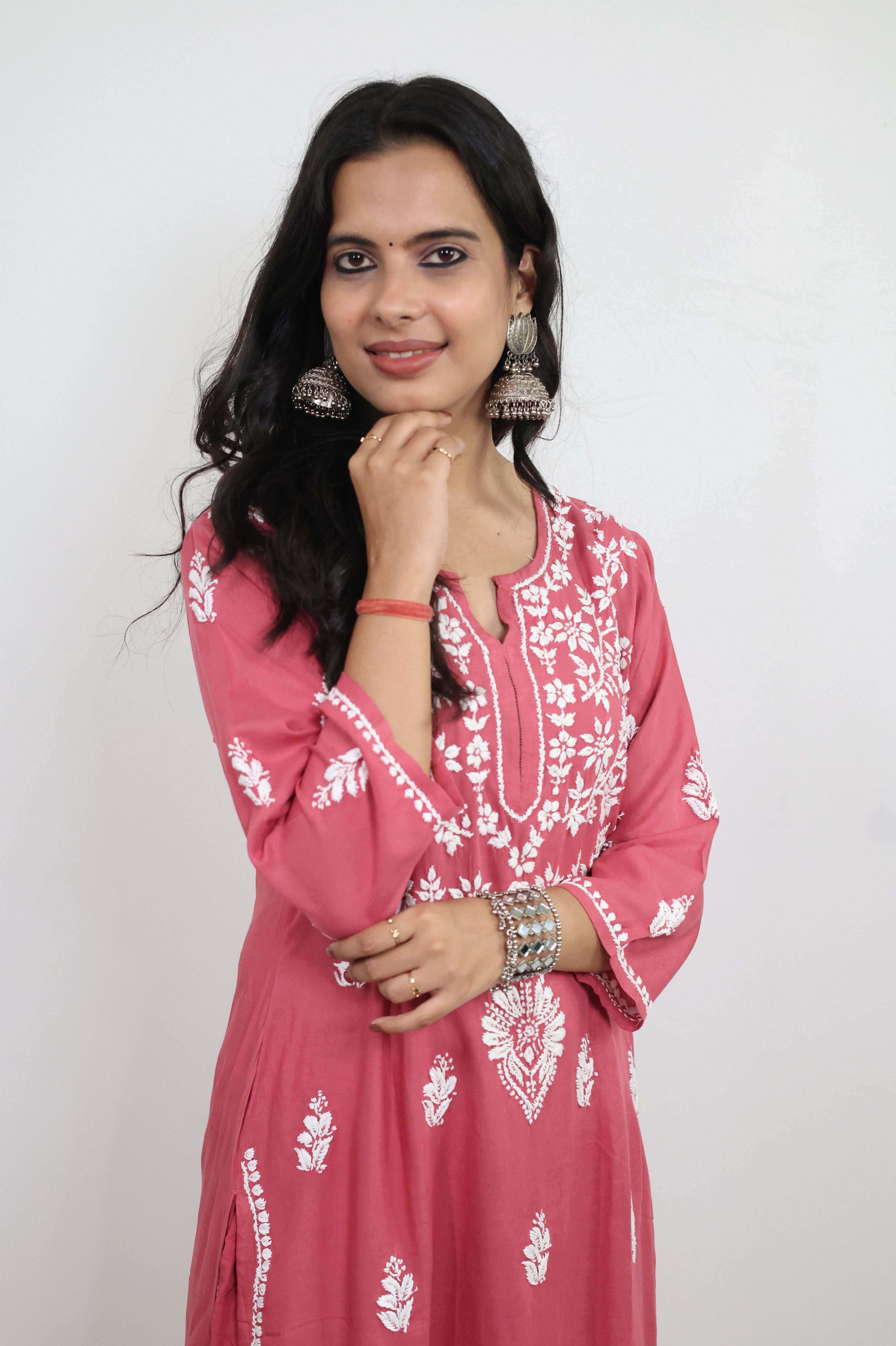 Pink Rayon Hand-Embroidered Lucknowi Chikankari Kurta Set with Palazzo