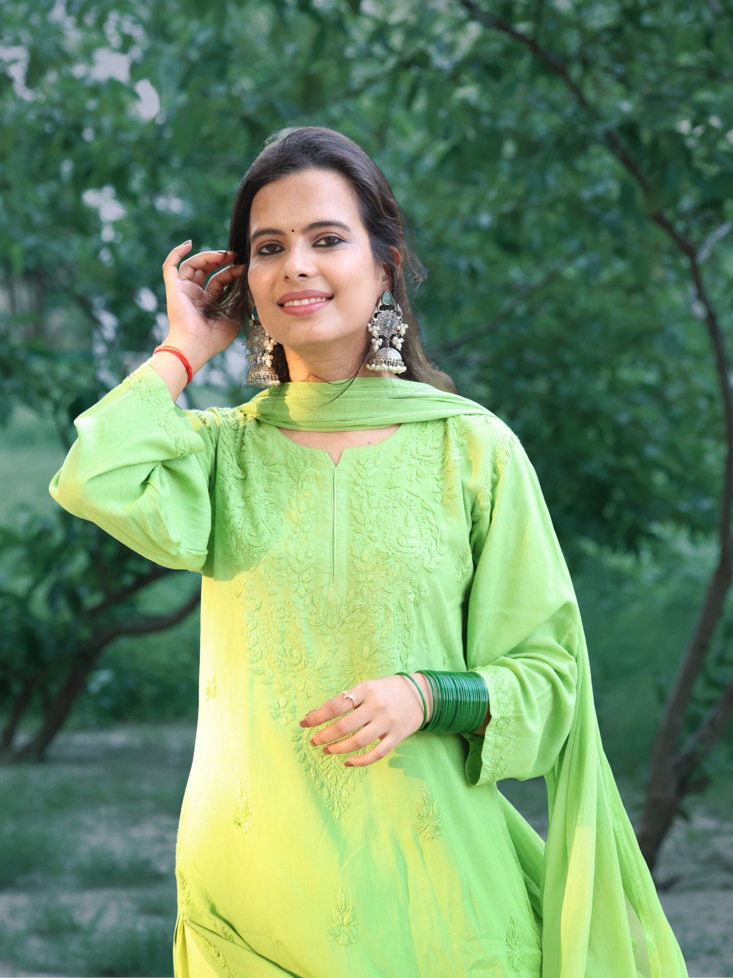 Gunjan Neon Green Rayon Hand-Embroidered Lucknowi Chikankari Kurta Set with Dupatta