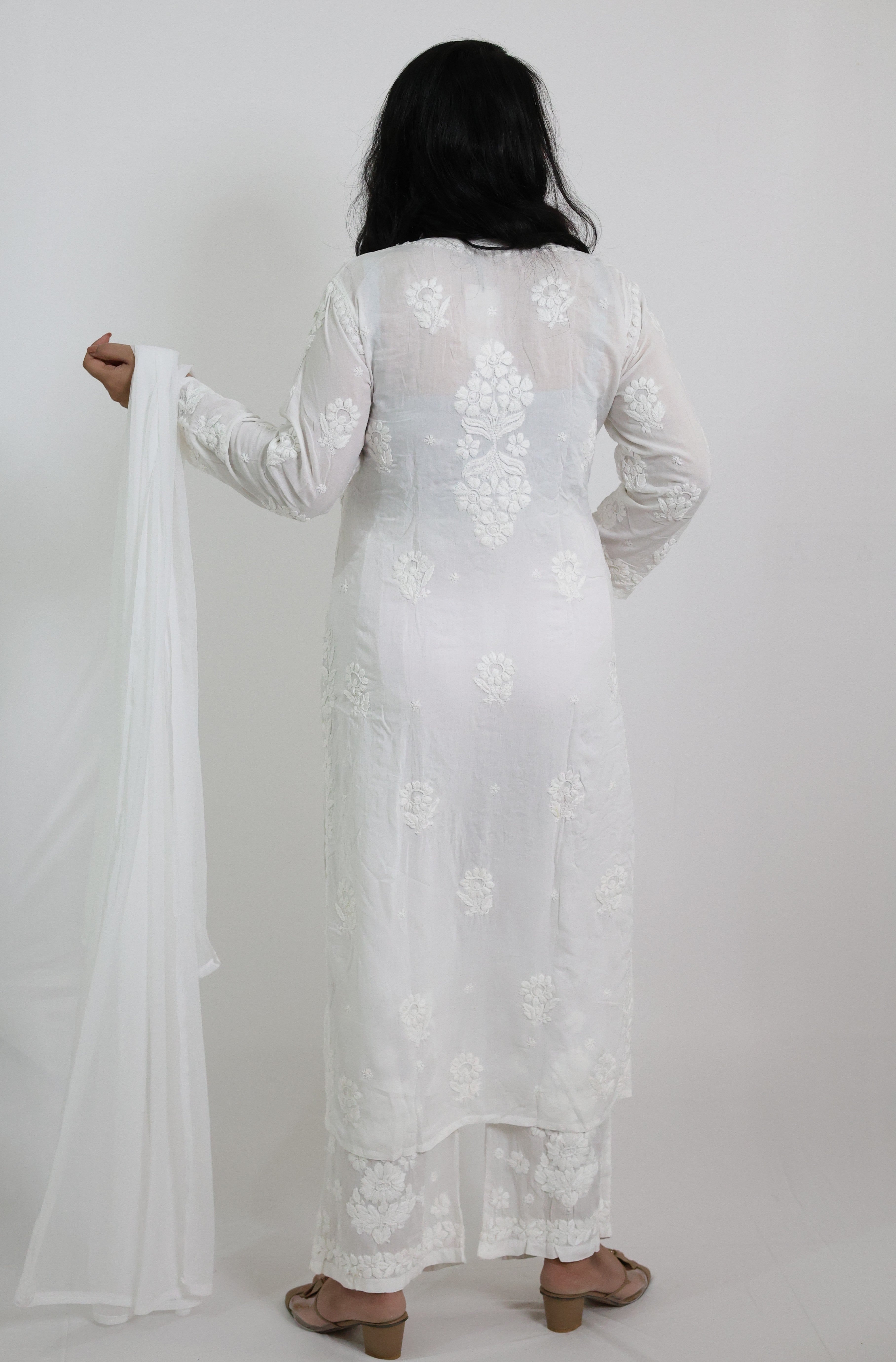 Sneha White Heavy Modal Chikankari Kurti Set with 3D Cotton Thread Embroidery