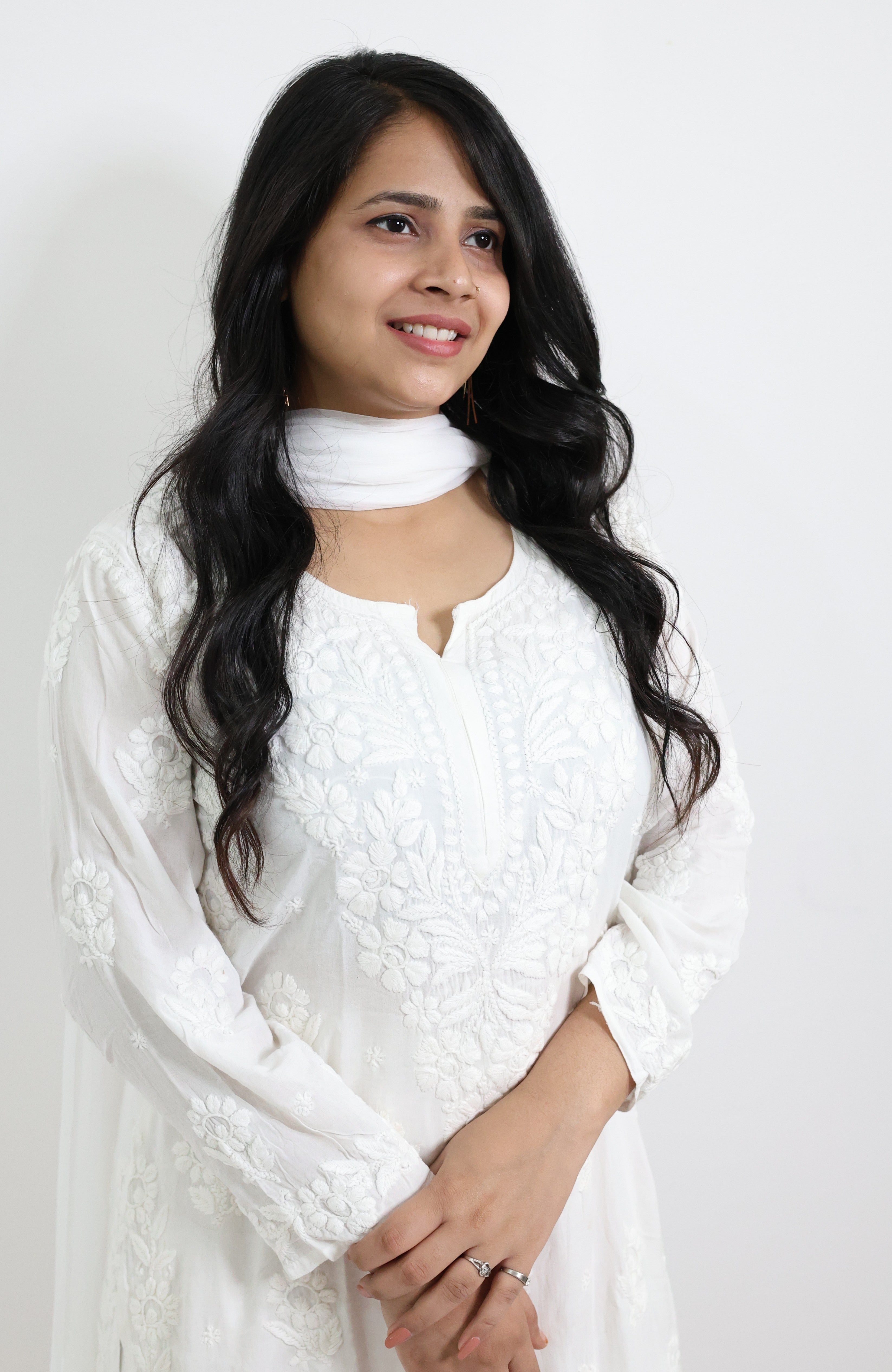 Sneha White Heavy Modal Chikankari Kurti Set with 3D Cotton Thread Embroidery