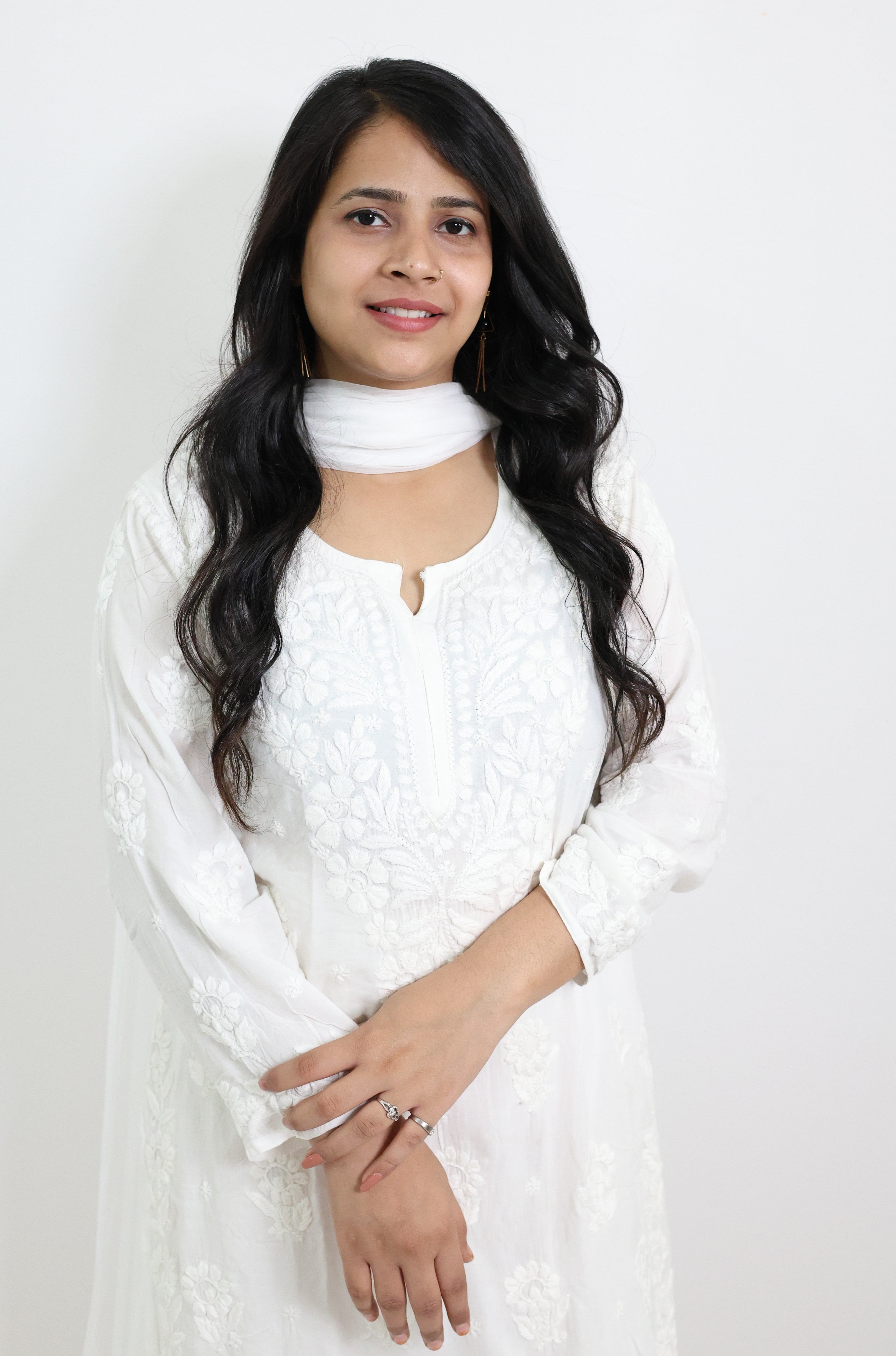 Sneha White Heavy Modal Chikankari Kurti Set with 3D Cotton Thread Embroidery