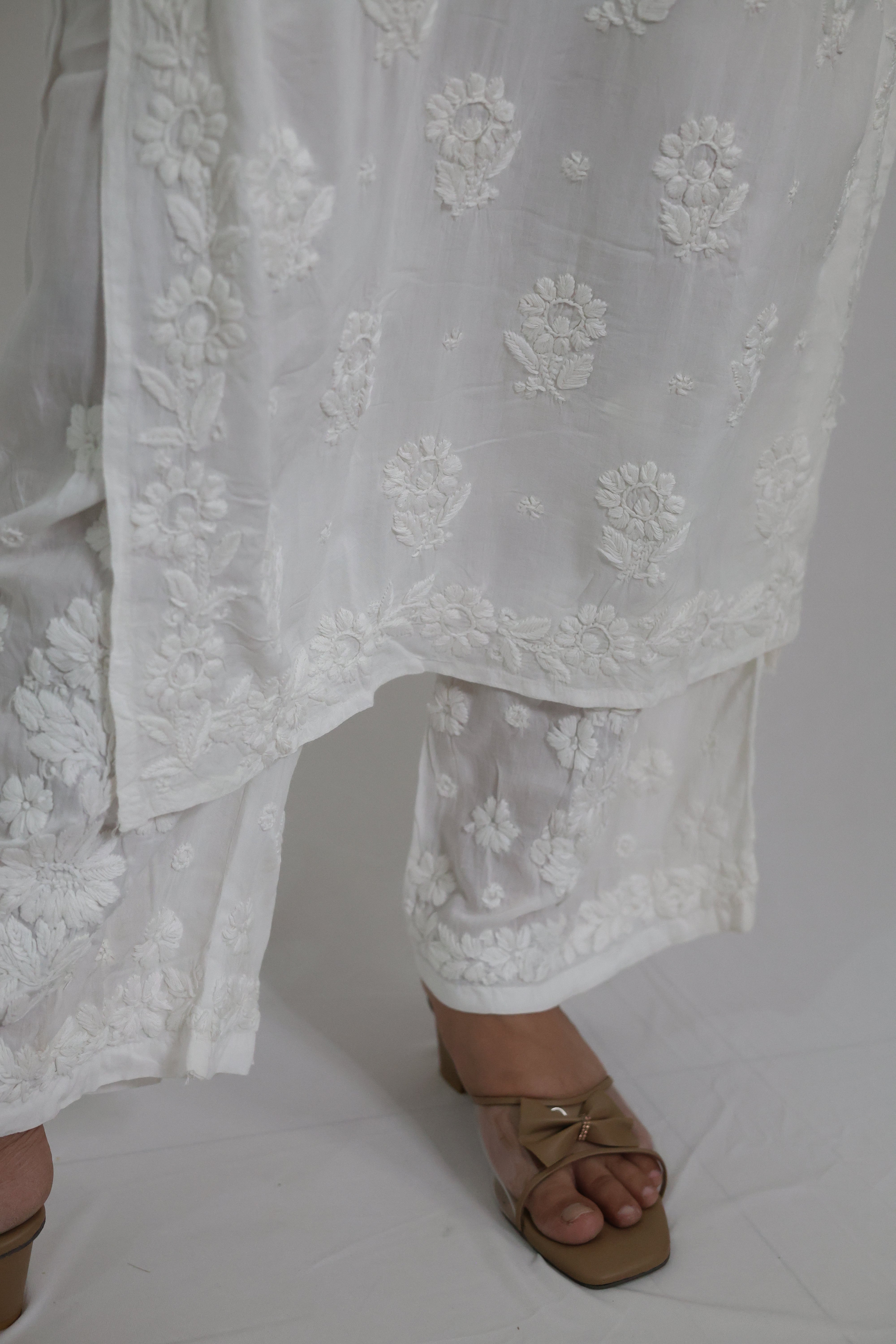 Sneha White Heavy Modal Chikankari Kurti Set with 3D Cotton Thread Embroidery