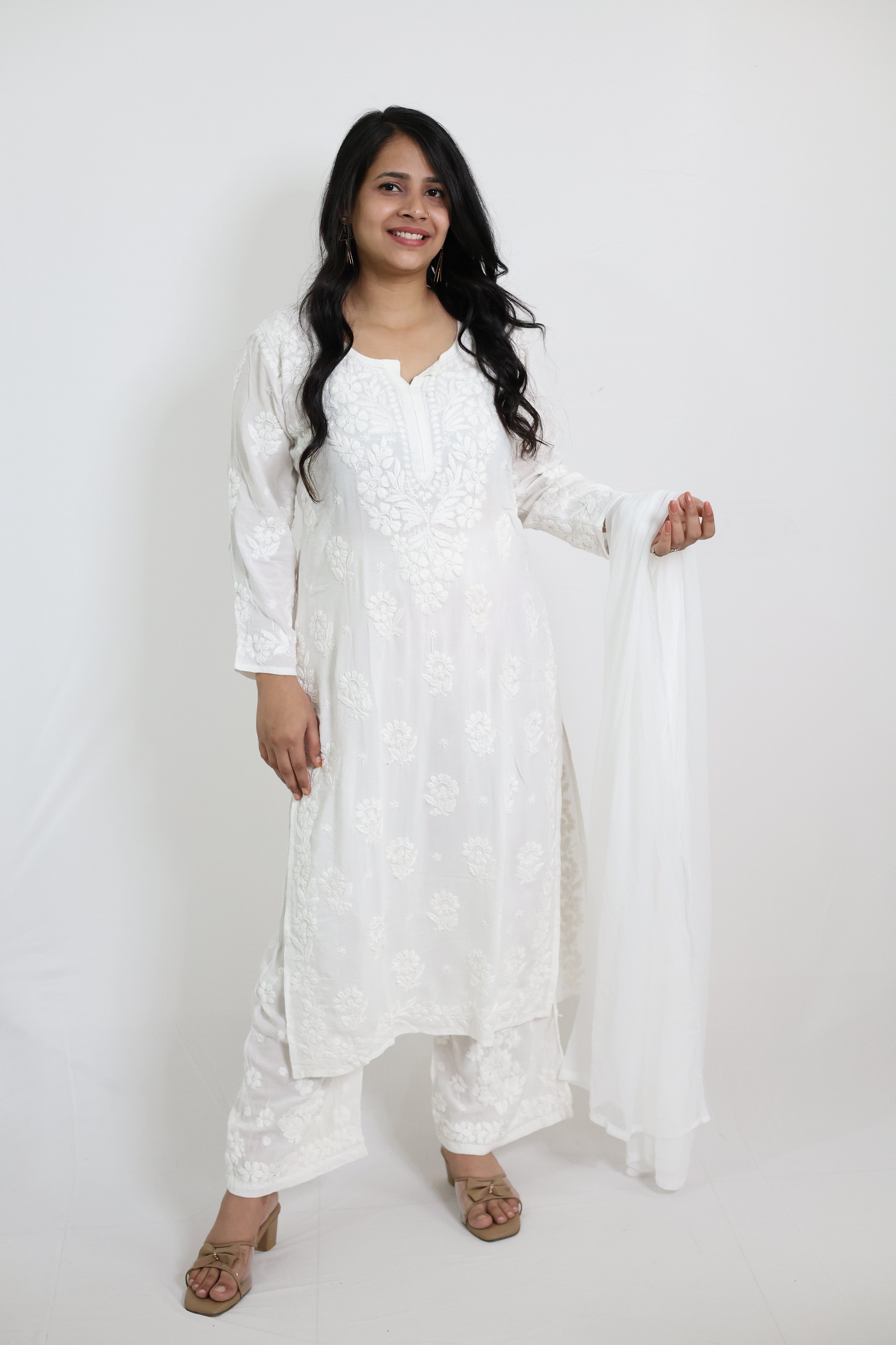 Sneha White Heavy Modal Chikankari Kurti Set with 3D Cotton Thread Embroidery