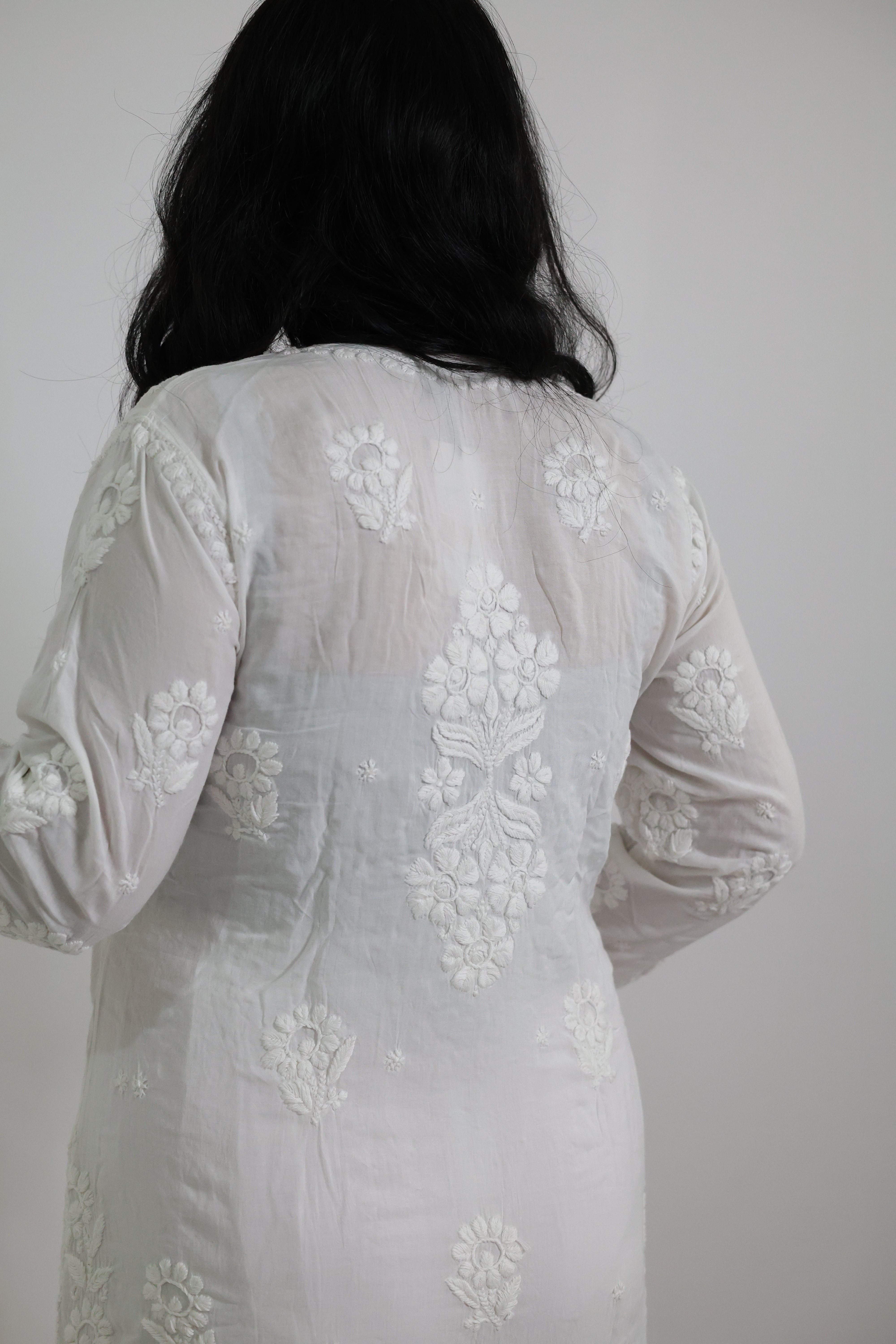 Sneha White Heavy Modal Chikankari Kurti Set with 3D Cotton Thread Embroidery