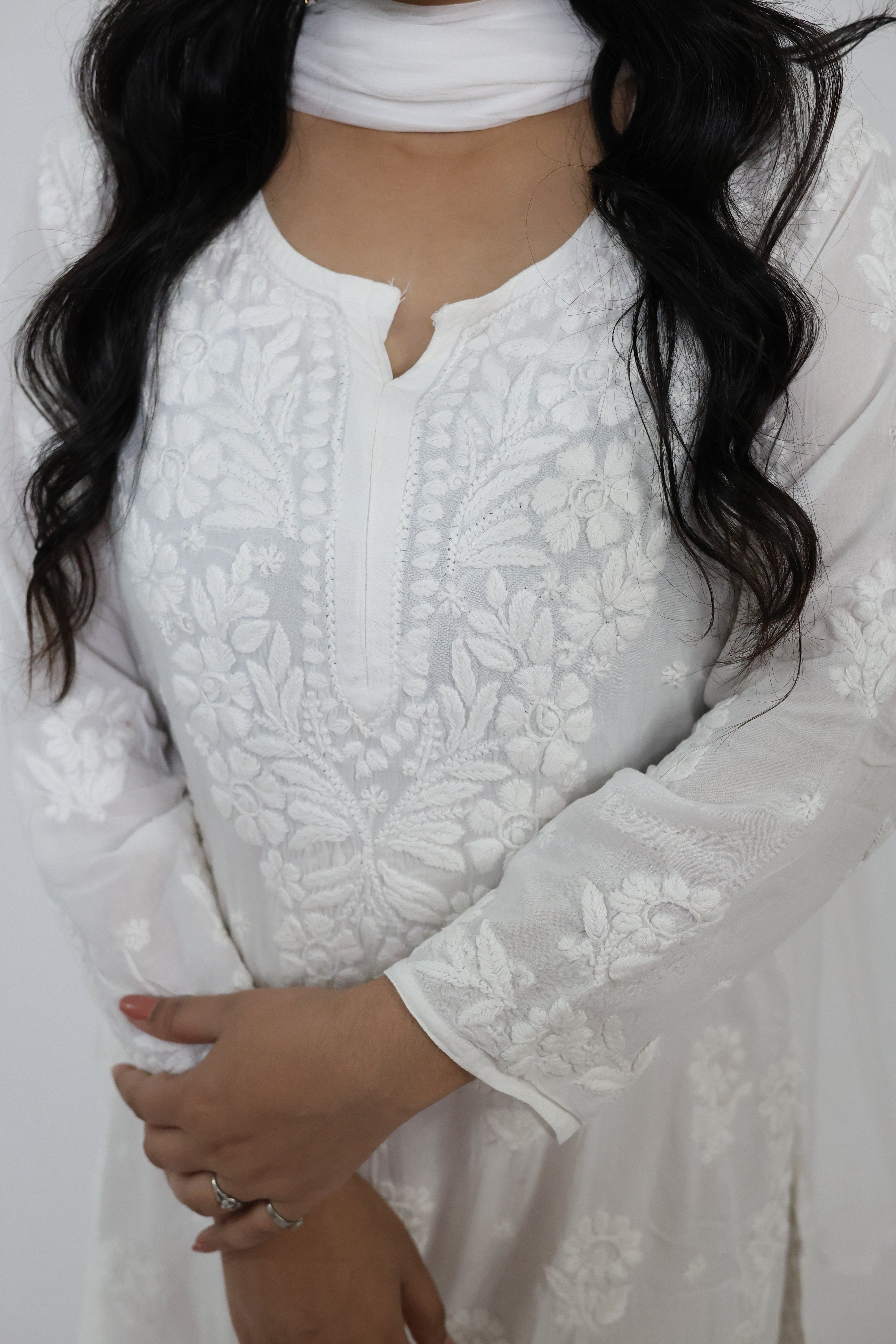 Sneha White Heavy Modal Chikankari Kurti Set with 3D Cotton Thread Embroidery