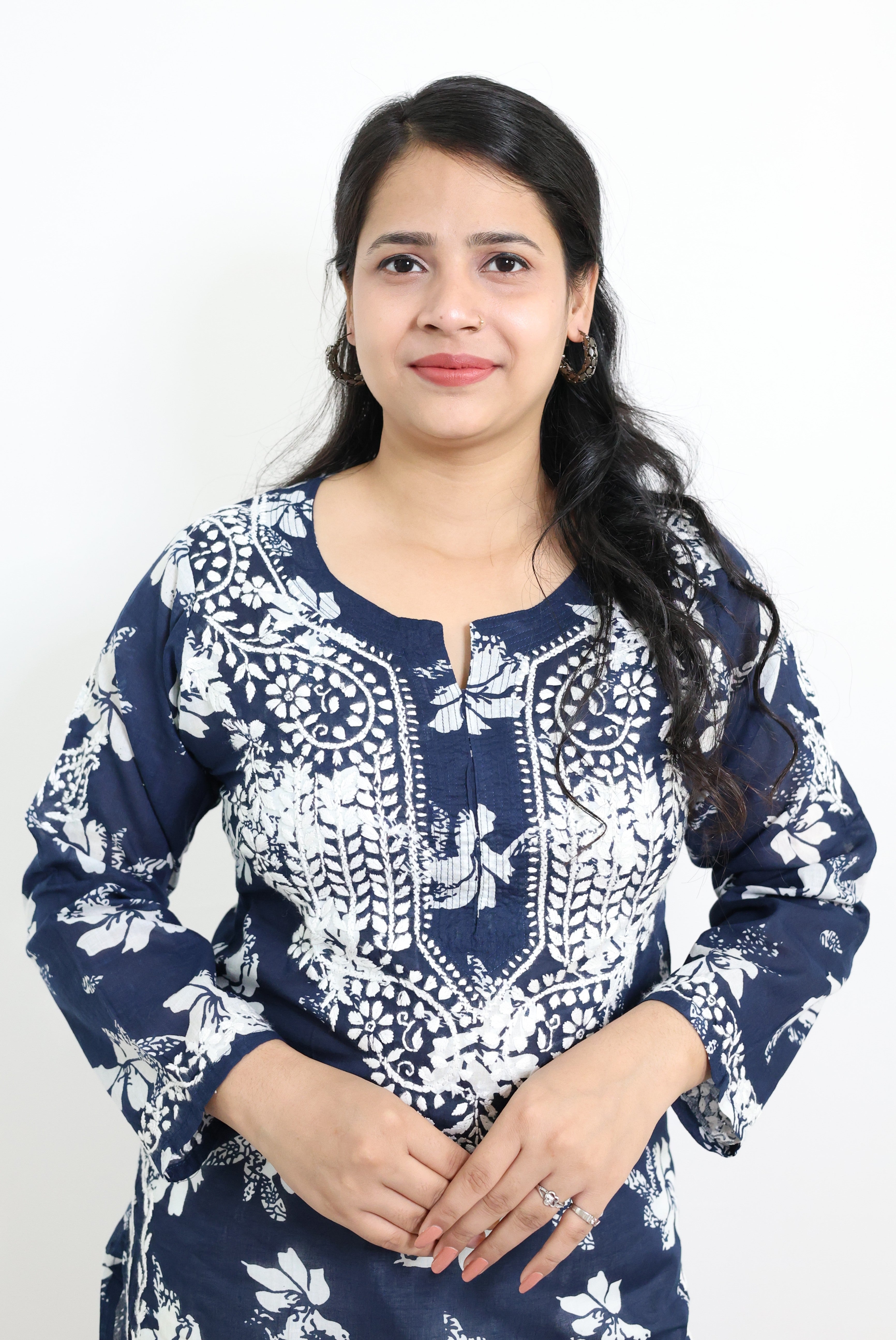 Suhana Blue Mulmul Cotton Hand-Embroidered Lucknowi Chikankari Kurti for Women