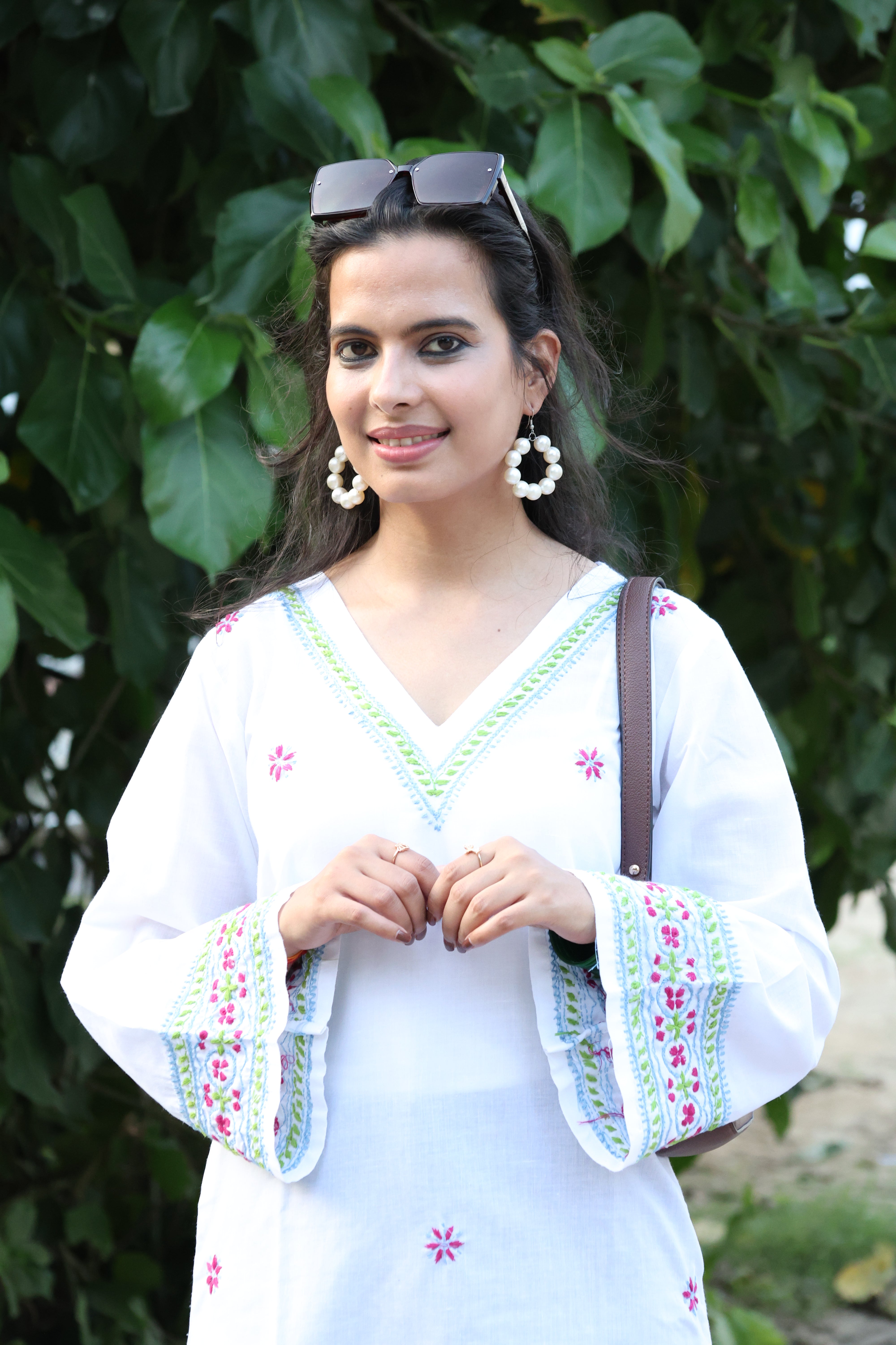 White Pure Cotton Hand-Embroidered Lucknowi Chikankari Short Kurti with Bell Sleeves