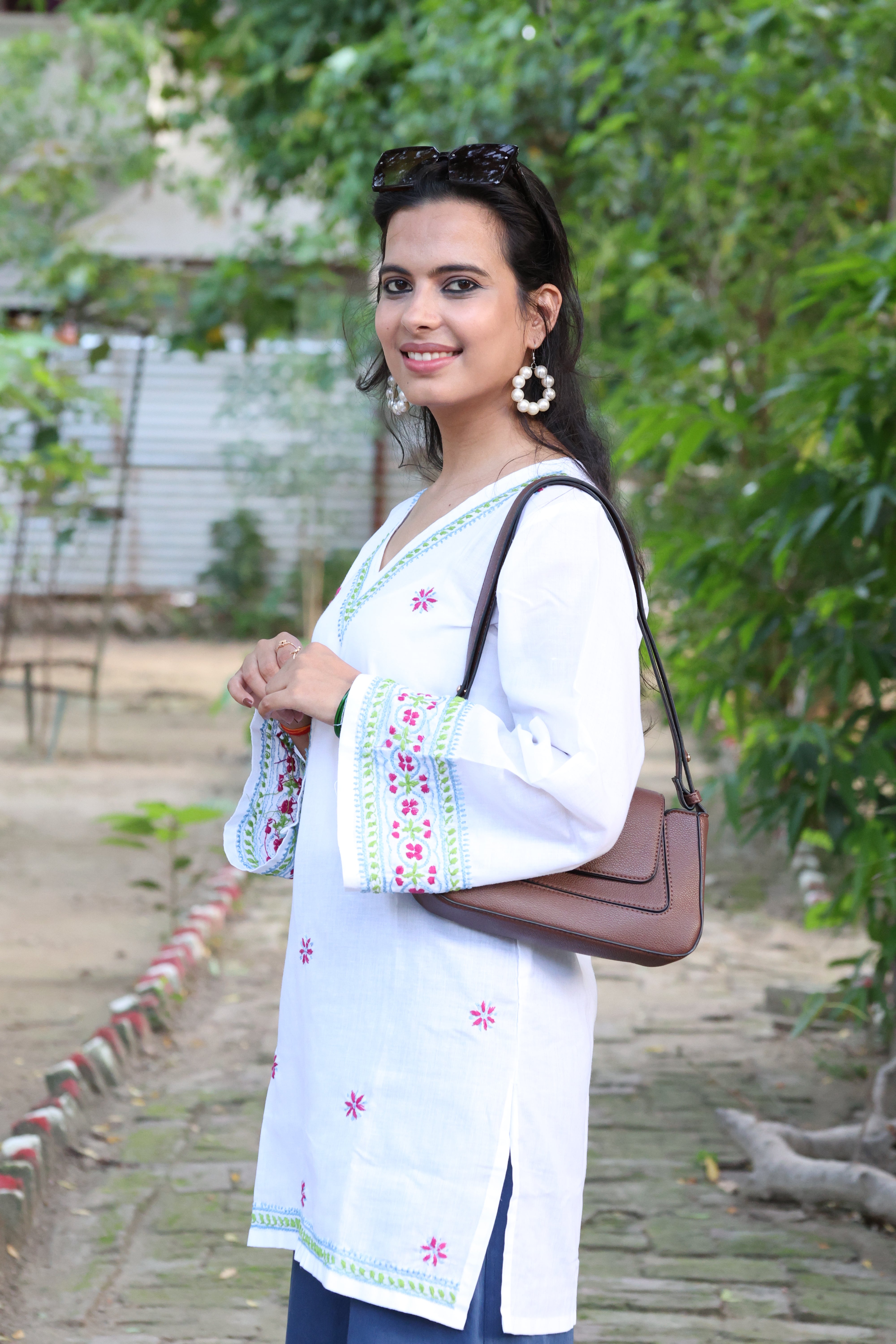 White Pure Cotton Hand-Embroidered Lucknowi Chikankari Short Kurti with Bell Sleeves
