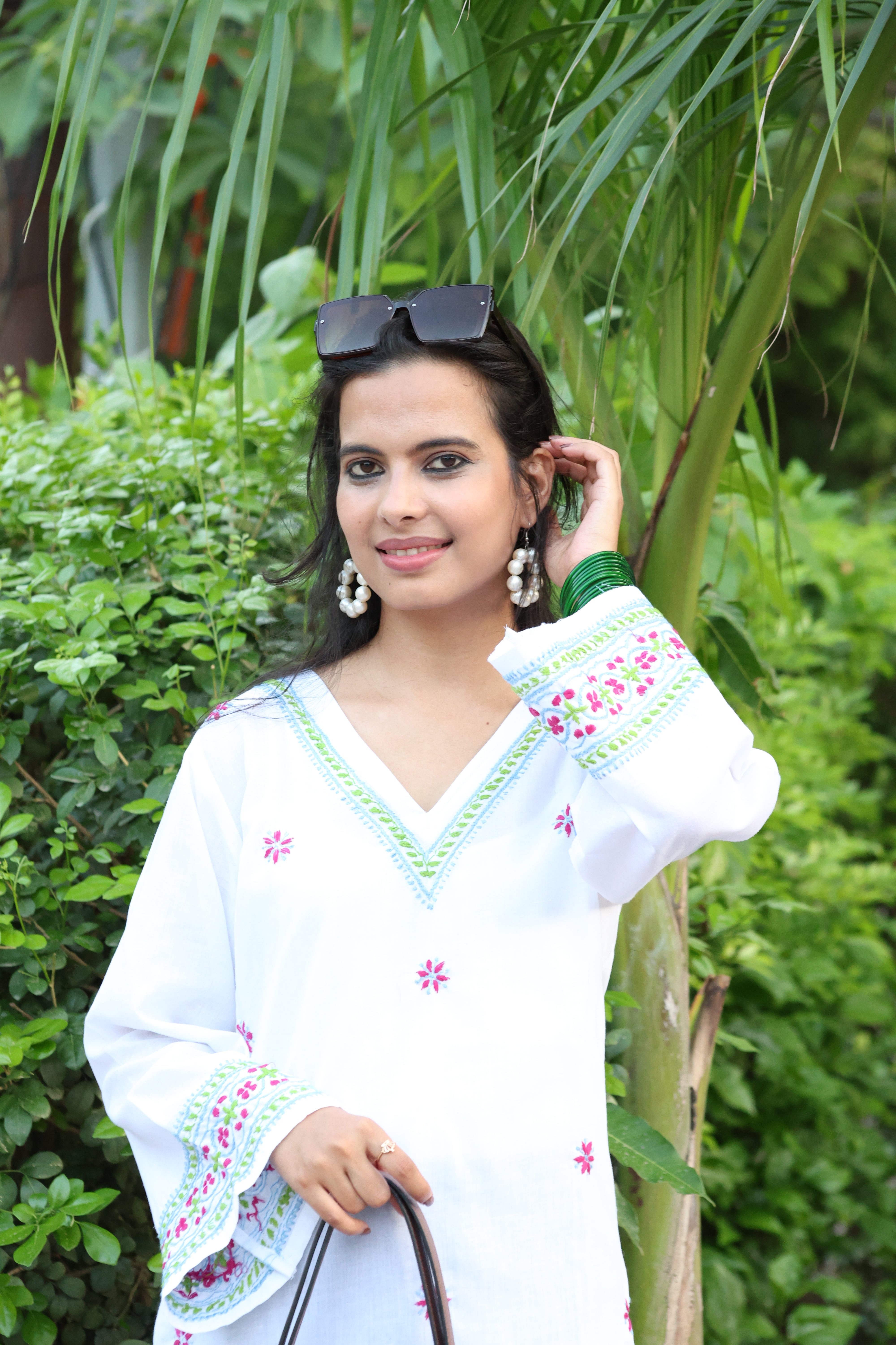 White Pure Cotton Hand-Embroidered Lucknowi Chikankari Short Kurti with Bell Sleeves