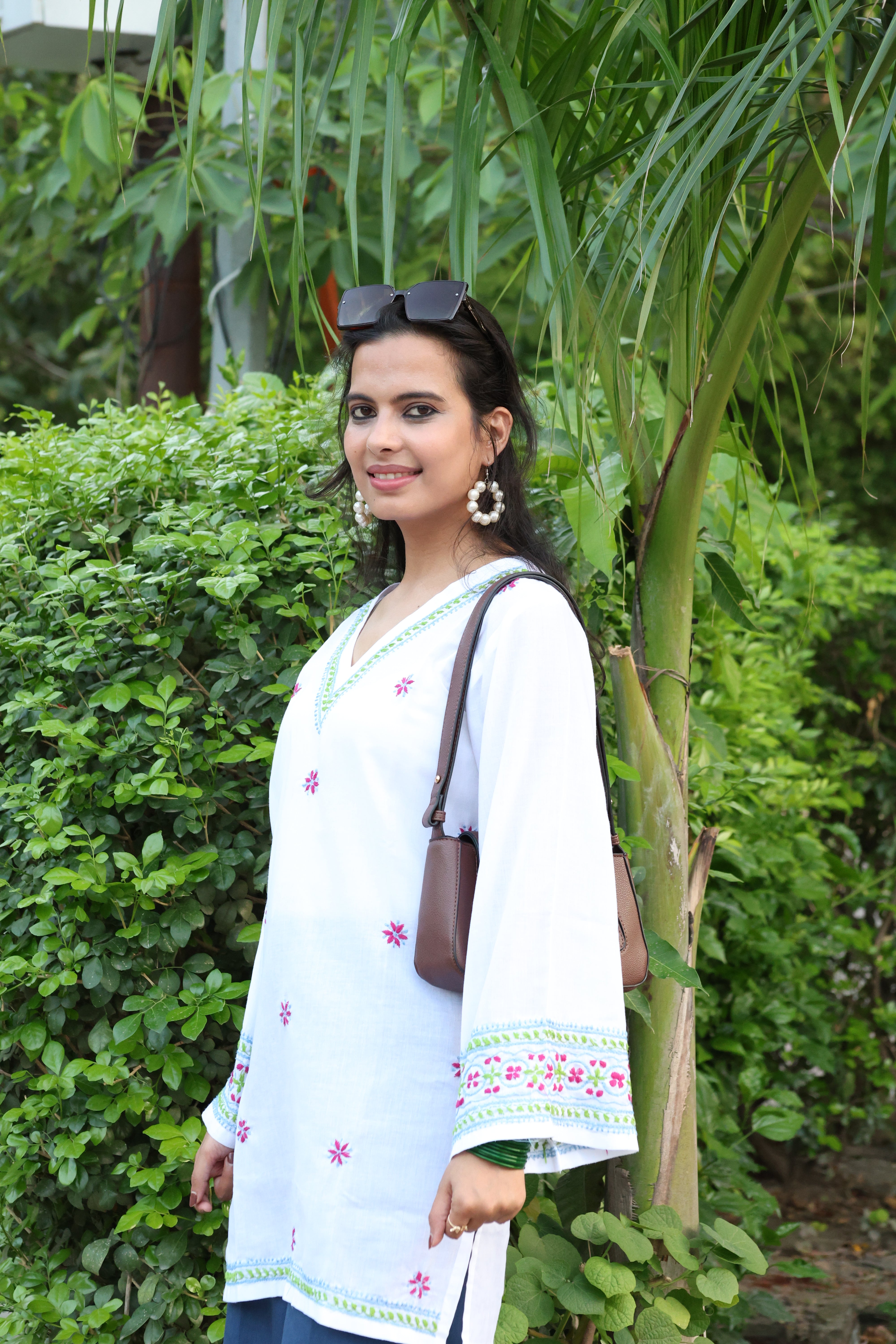 White Pure Cotton Hand-Embroidered Lucknowi Chikankari Short Kurti with Bell Sleeves