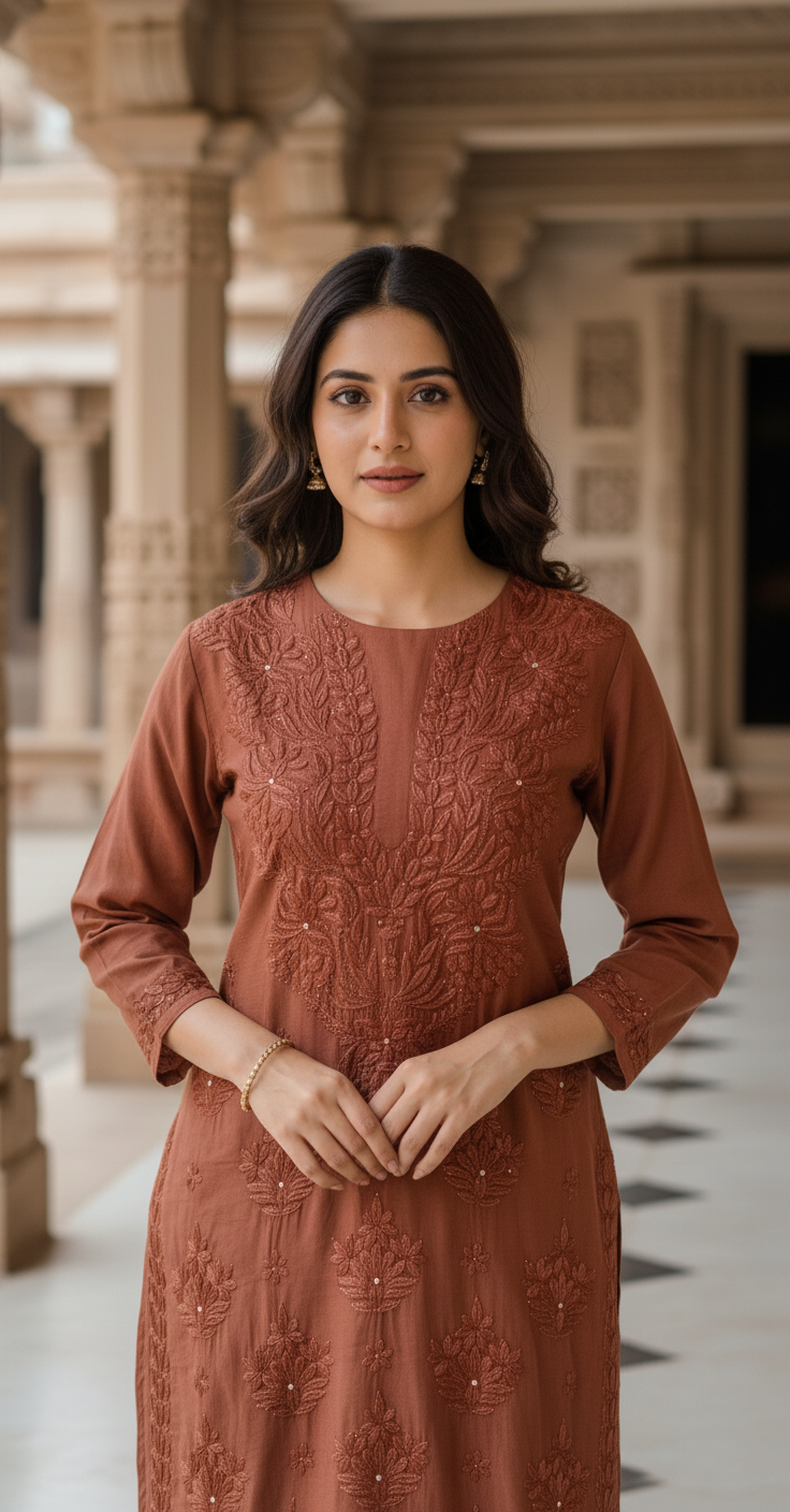 INAYA 3D WORK MUKESH SILK KURTI BROWN