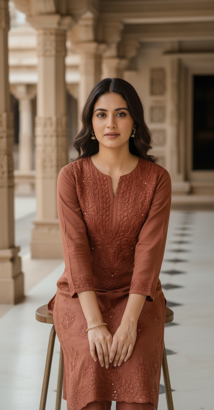 INAYA 3D WORK MUKESH SILK KURTI BROWN