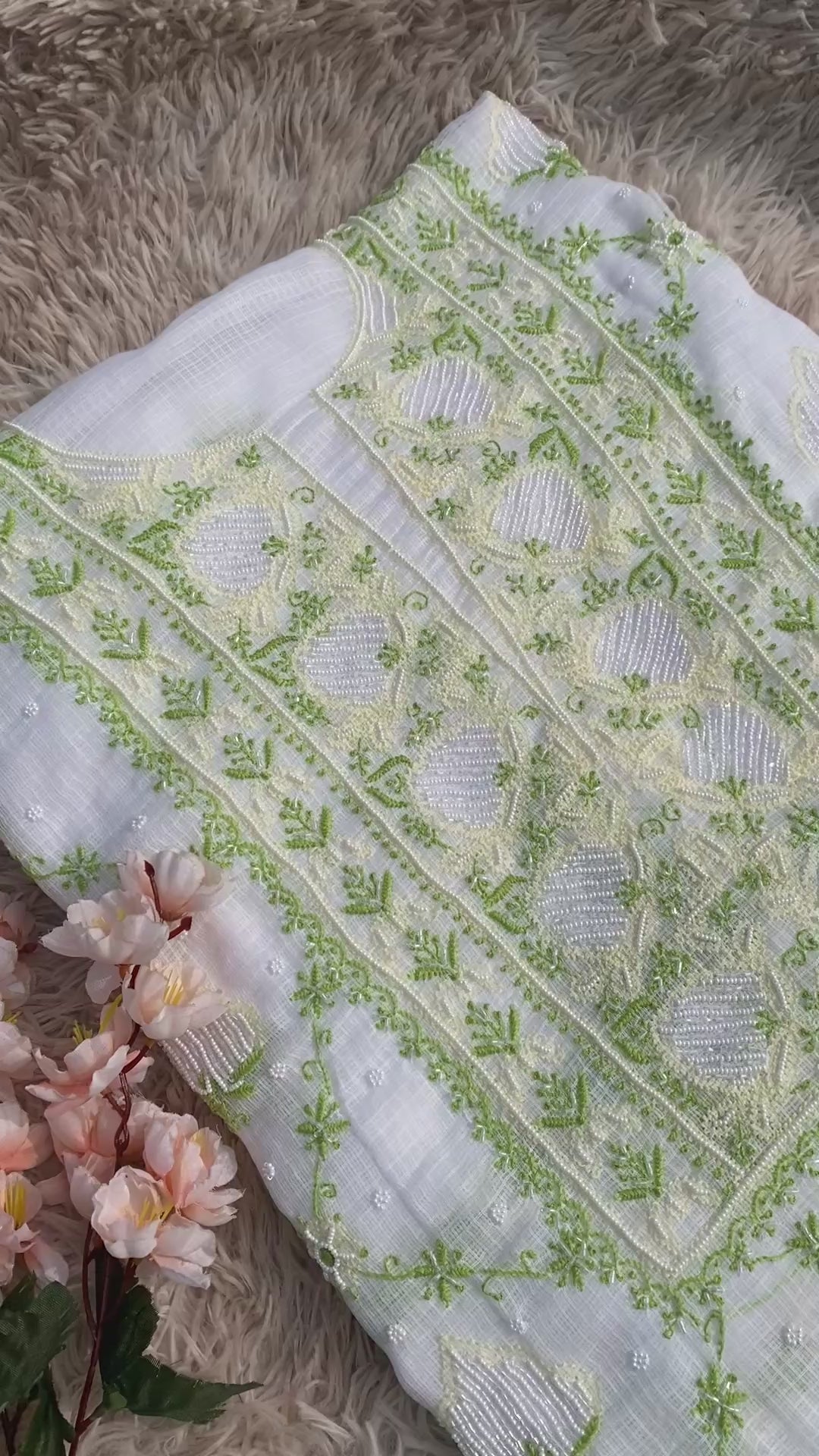 White Kota Doria Chikankari Suit with Lime Green Hand Embroidery