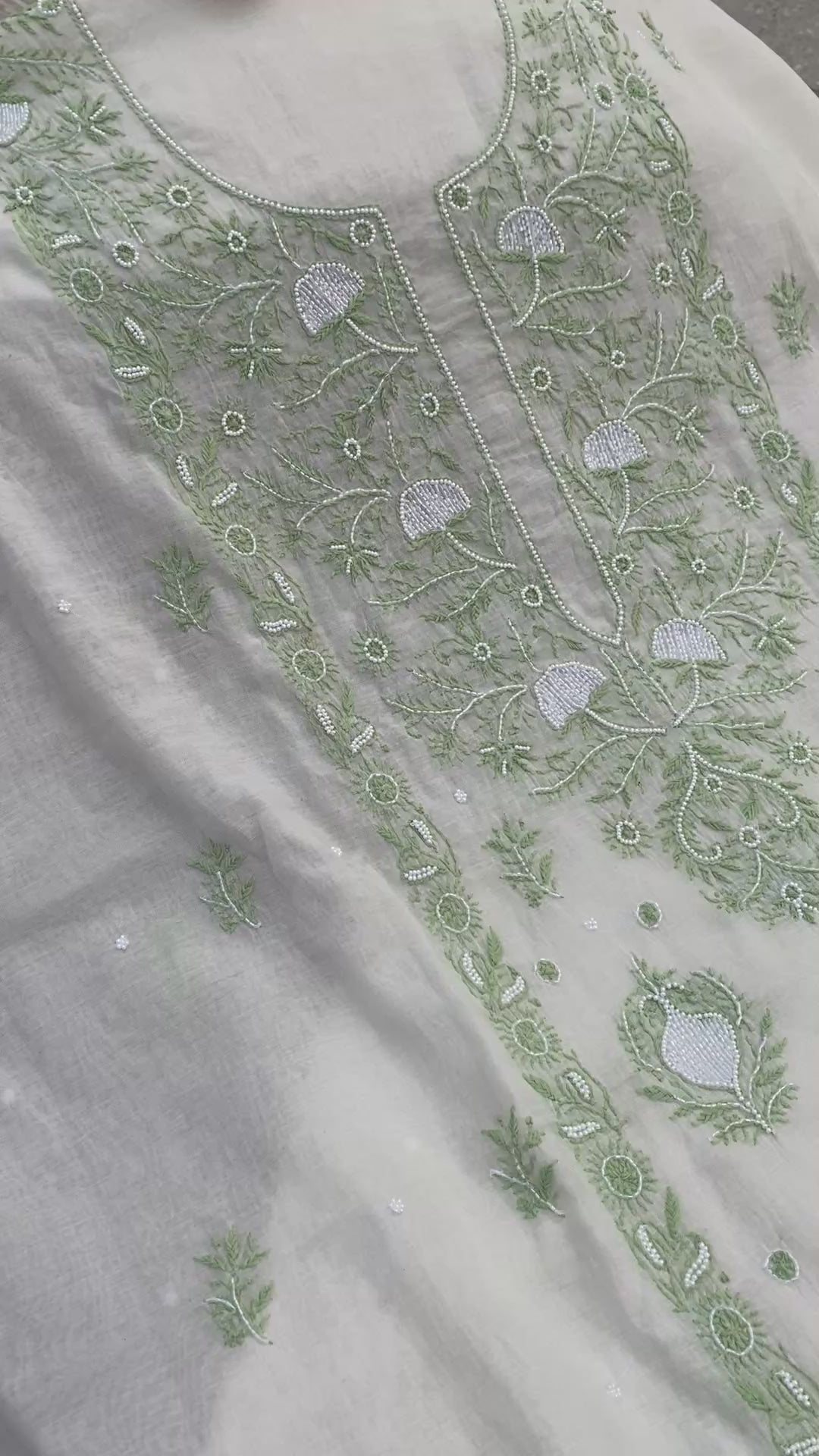 WHITE WITH GREEN MUL CHANDERI UNSTITCHED KURTI WITH DUPATTA SET